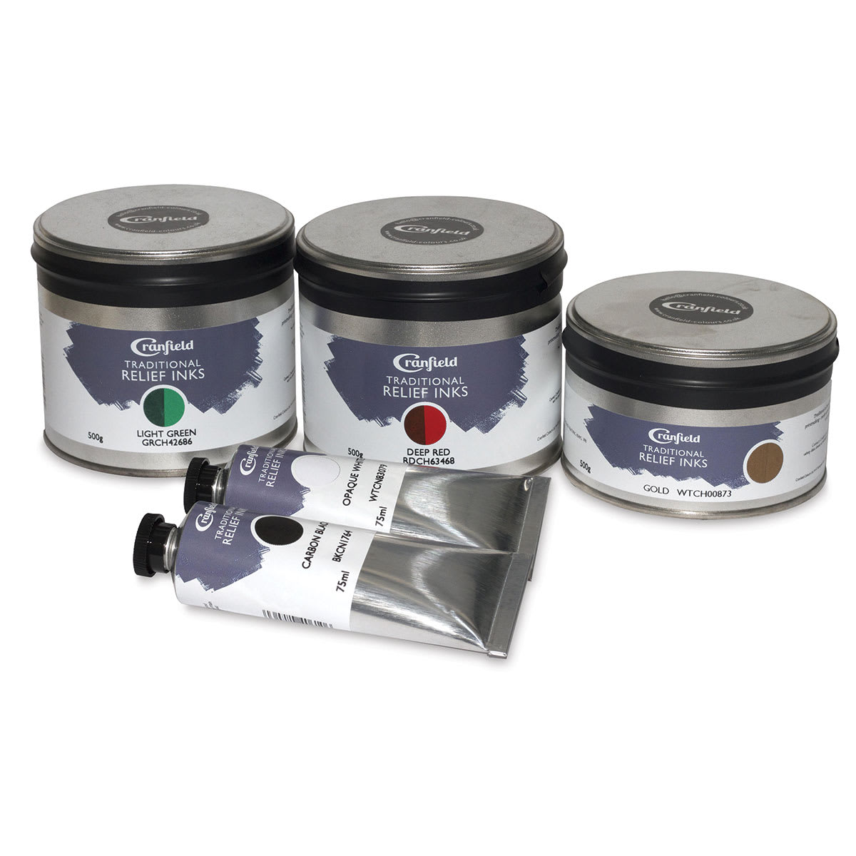 Cranfield Traditional Relief Inks - 2 Tubes and 3 Jars of Relief Ink shown Cranfield Traditional Relief Inks - 2 Tubes and 3 Jars of Relief Ink shown