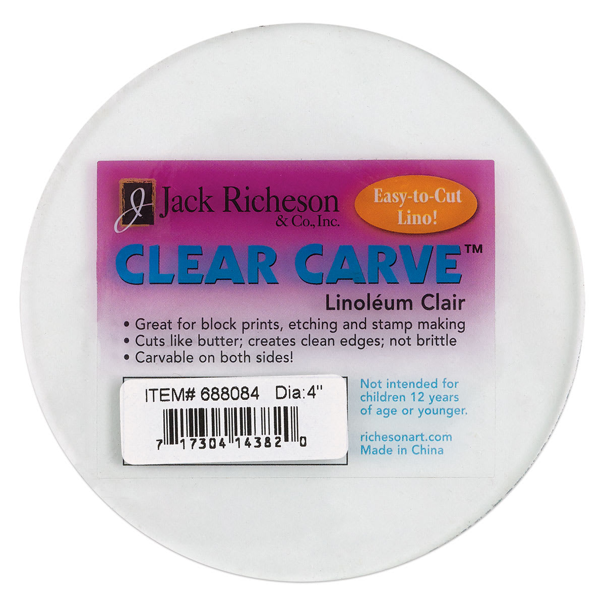 Richeson Clear Carve Linoleum - Front of 4" Diameter Round Linoleum with label