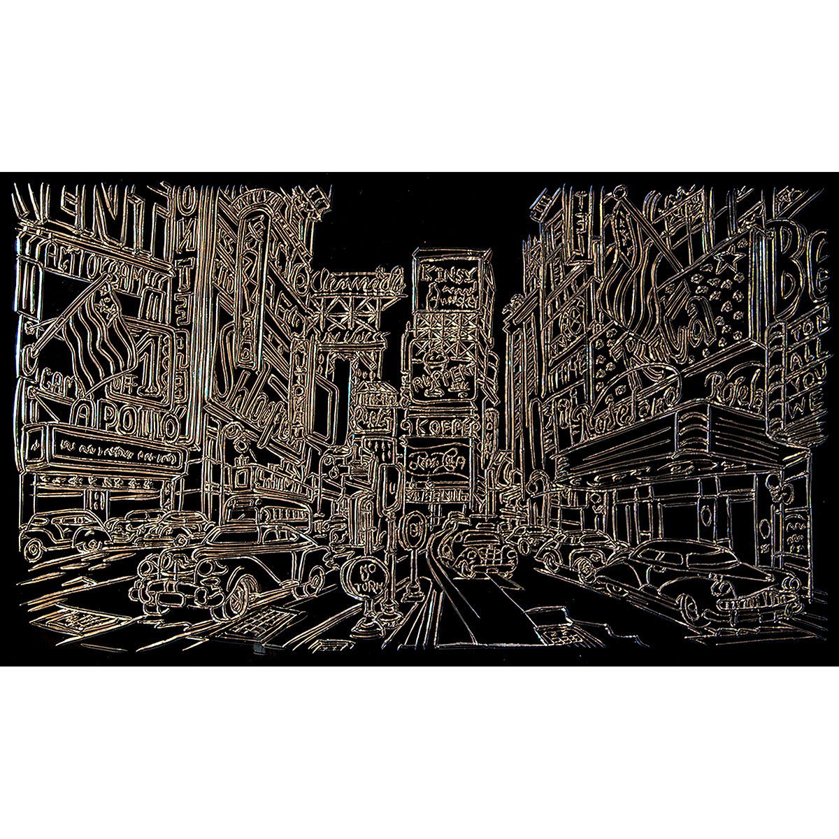 Richeson Clear Carve Linoleum - Finished artwork of busy Street Scene Richeson Clear Carve Linoleum - Finished artwork of busy Street Scene