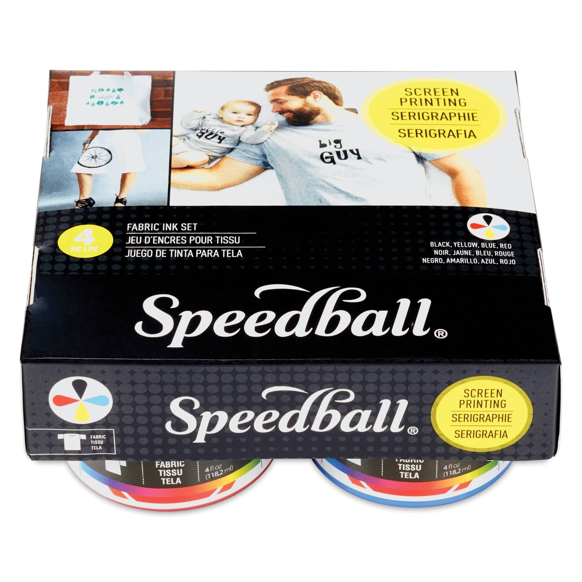 Speedball Fabric Screen Printing Ink - Basic Colors, Set of 4, 4 oz, Jars front of packaging Speedball Fabric Screen Printing Ink - Basic Colors, Set of 4, 4 oz, Jars front of packaging