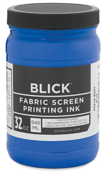 Blick Waterbased Acrylic Fabric Screen Printing Ink - Front view of Blue Ink Jar shown Blick Waterbased Acrylic Fabric Screen Printing Ink - Front view of Blue Ink Jar shown