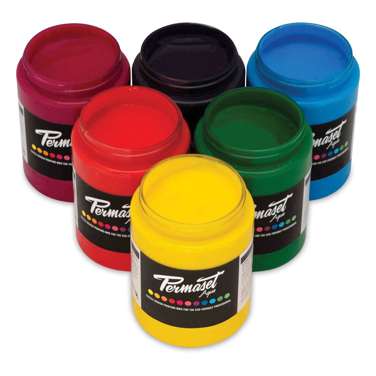 Permaset Aqua Fabric Ink - 6 Assorted color jars of Ink shown Permaset Aqua Fabric Ink - 6 Assorted color jars of Ink shown