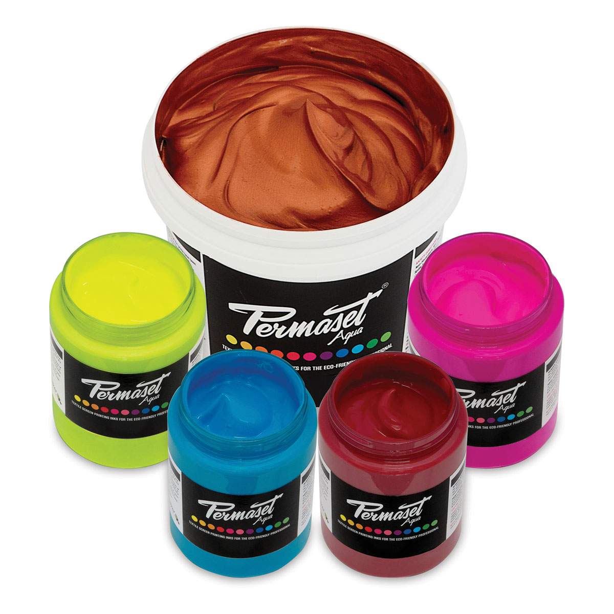Permaset Aqua Fabric Ink - 4 300 ml. jars in assorted colors shown with 1 L. tub of Copper Permaset Aqua Fabric Ink - 4 300 ml. jars in assorted colors shown with 1 L. tub of Copper