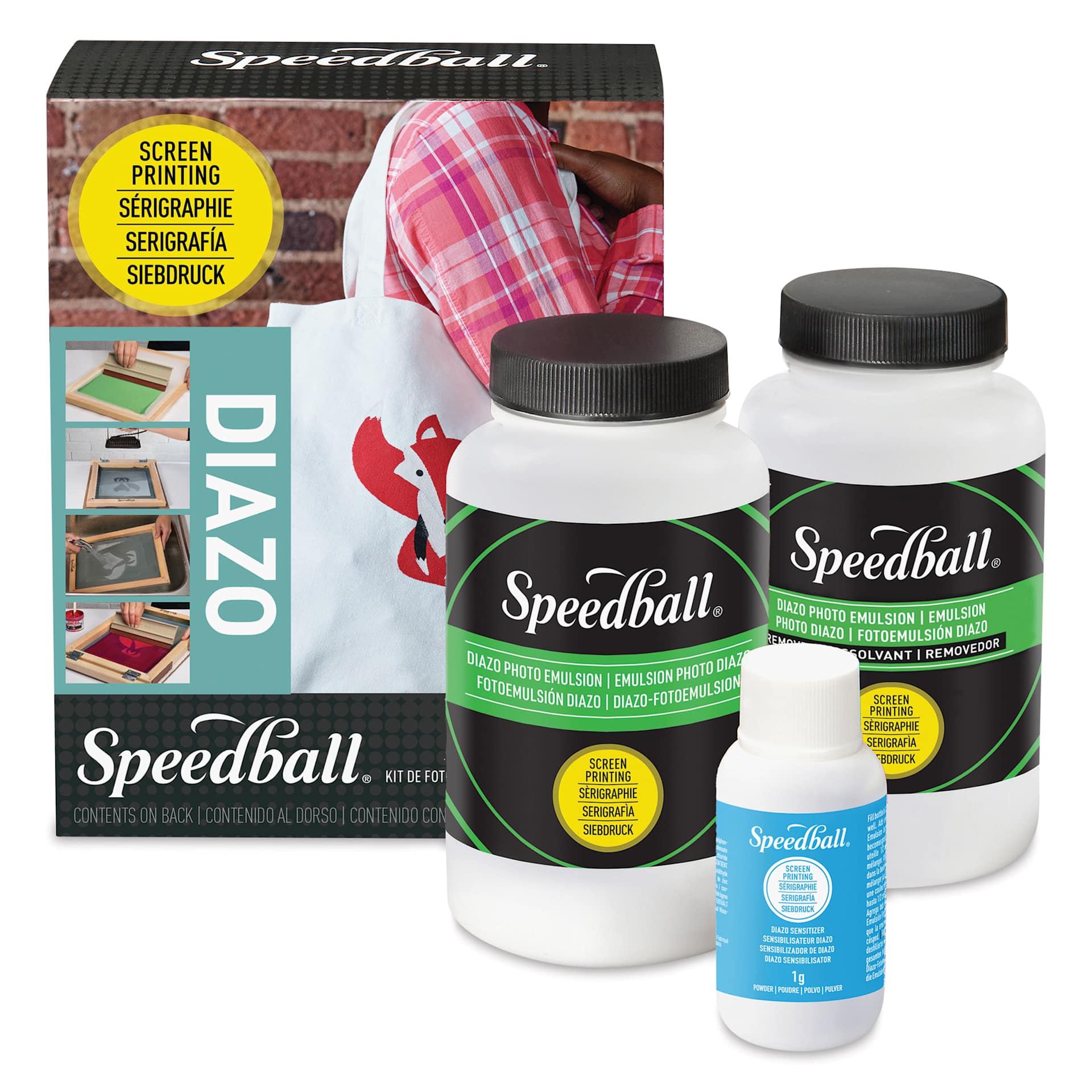 Speedball Diazo System Kit - kit contents in front of packaging