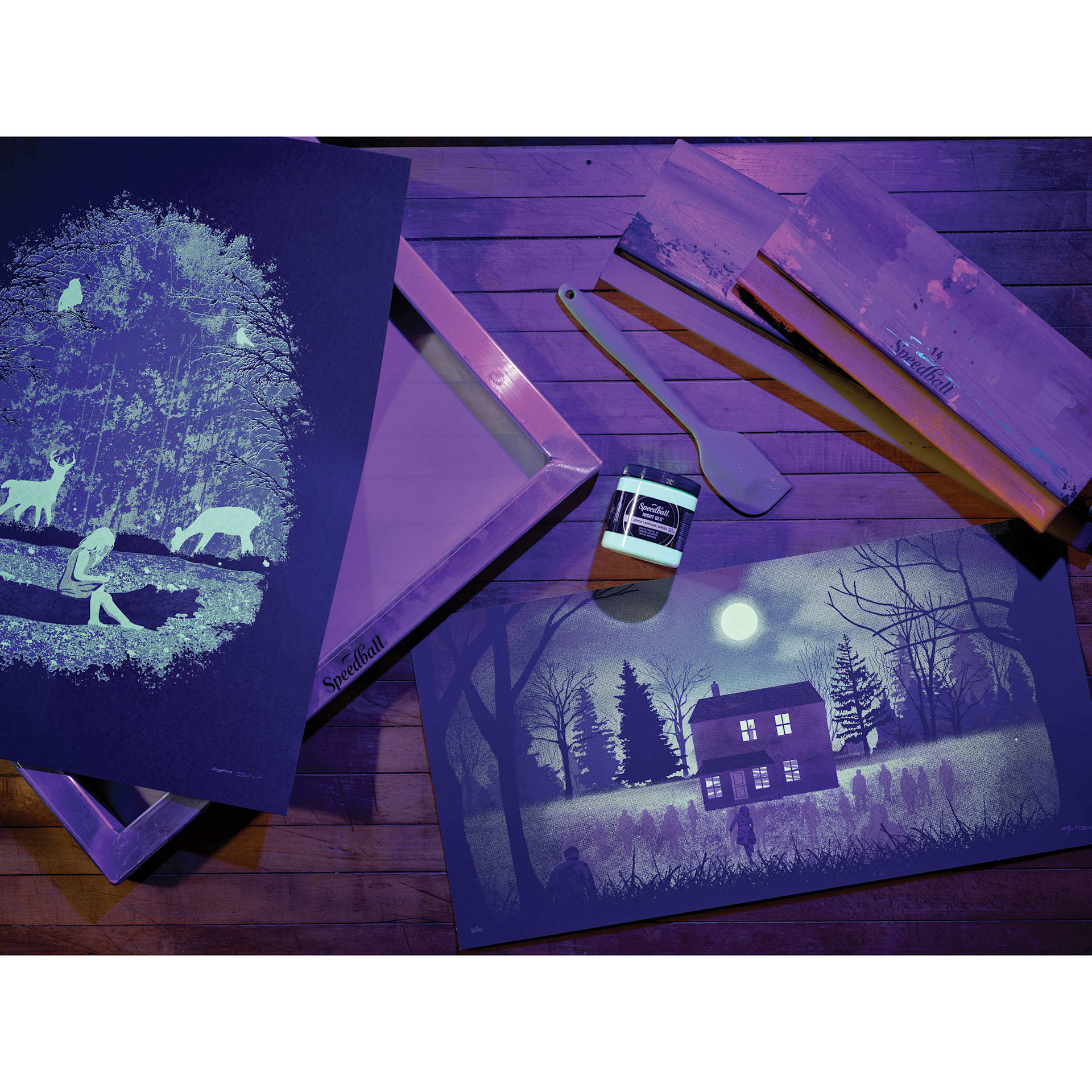 Speedball Night Glo Acrylic Screen Printing Ink - Original, 8 oz , glowing with blacklight