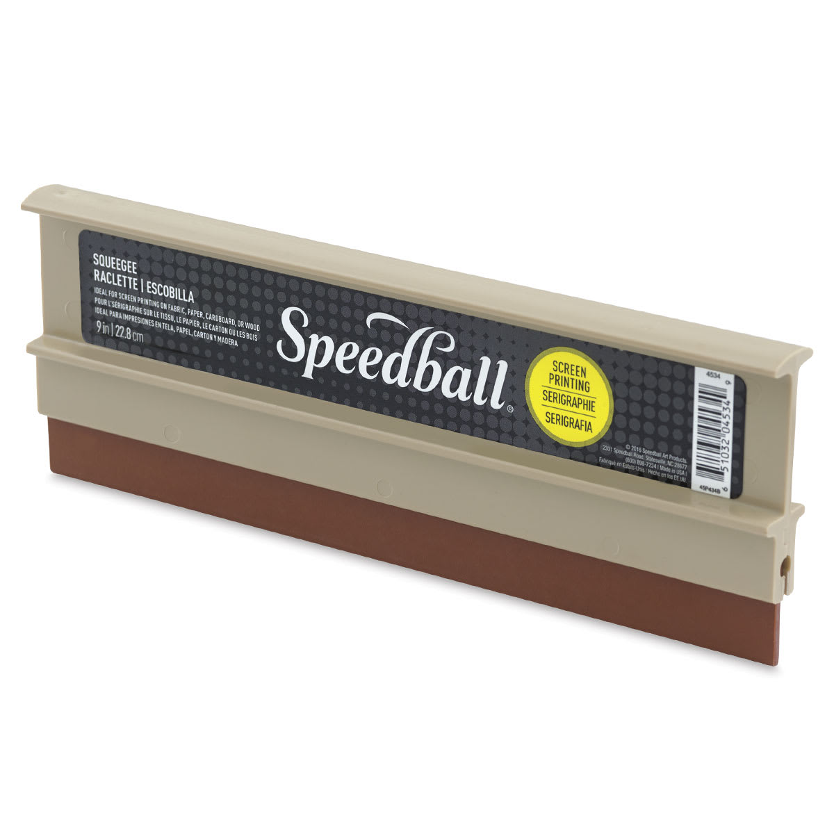 Speedball Plastic Screen Printing Squeegee - Right angled view of upright squeegee with label Speedball Plastic Screen Printing Squeegee - Right angled view of upright squeegee with label