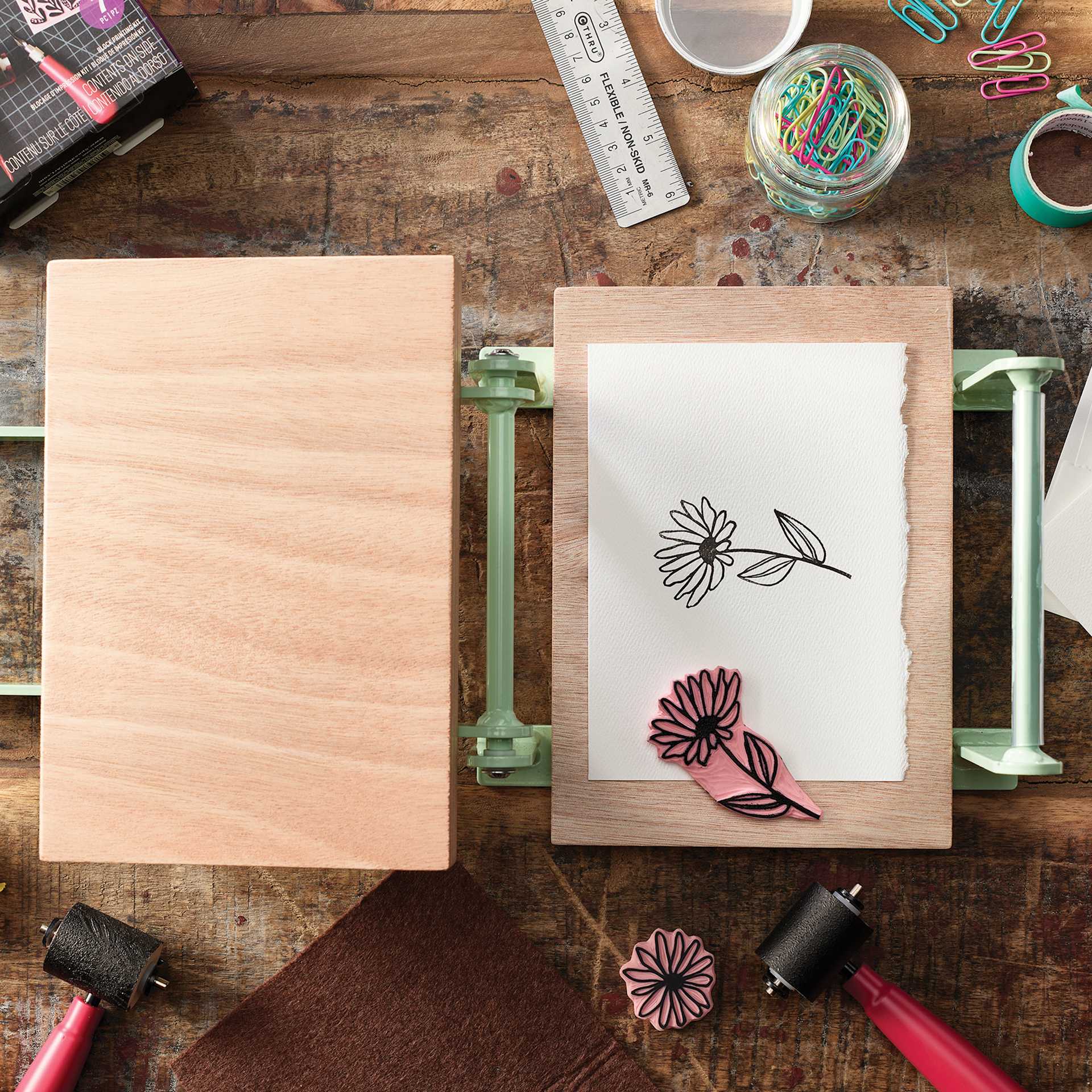 Woodzilla Hand Lino Press, flower print in progress Woodzilla Hand Lino Press, flower print in progress
