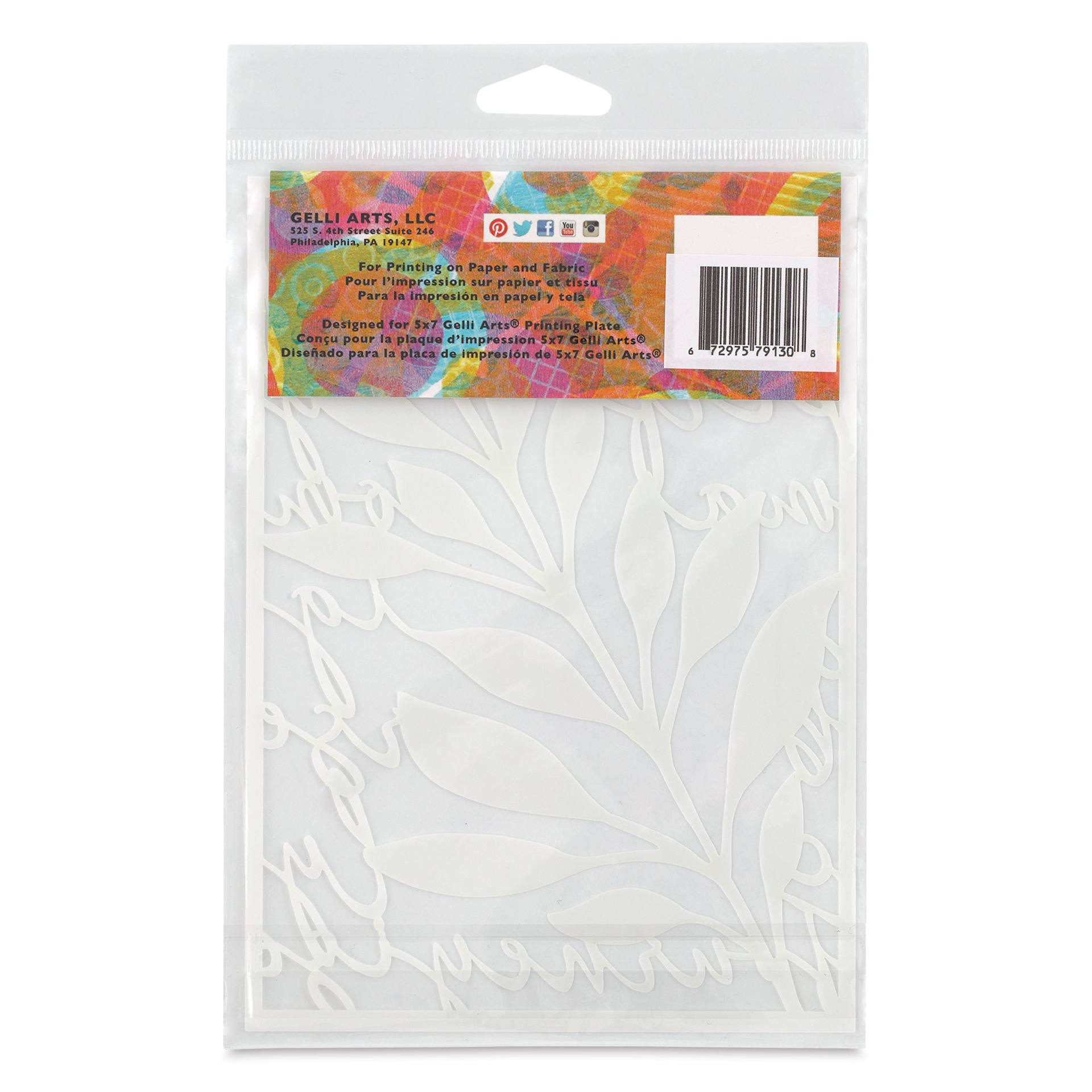 Gelli Arts Stencil - Leaves Script, 5" x 7", back of packaging