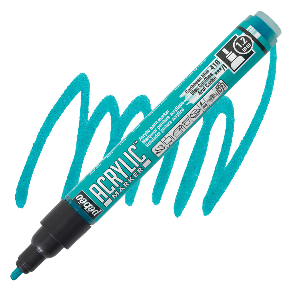 Pebeo Acrylic Marker - Caribbean Blue, 1.2 mm, Bullet Nib marker and swatch