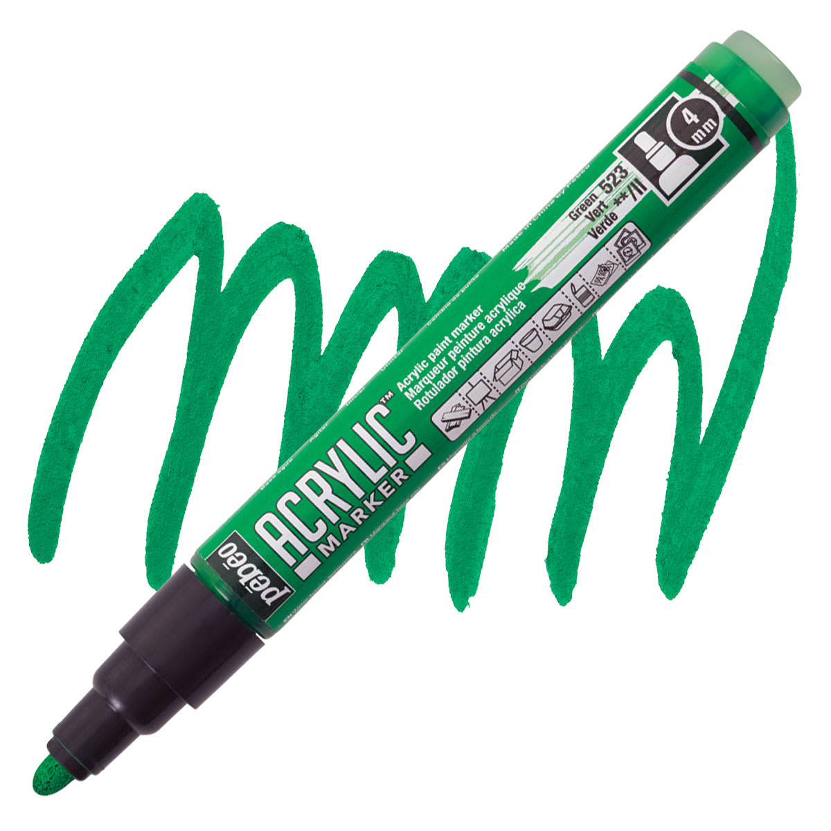 Pebeo Acrylic Marker - Green, 4 mm, Bullet Nib marker and swatch