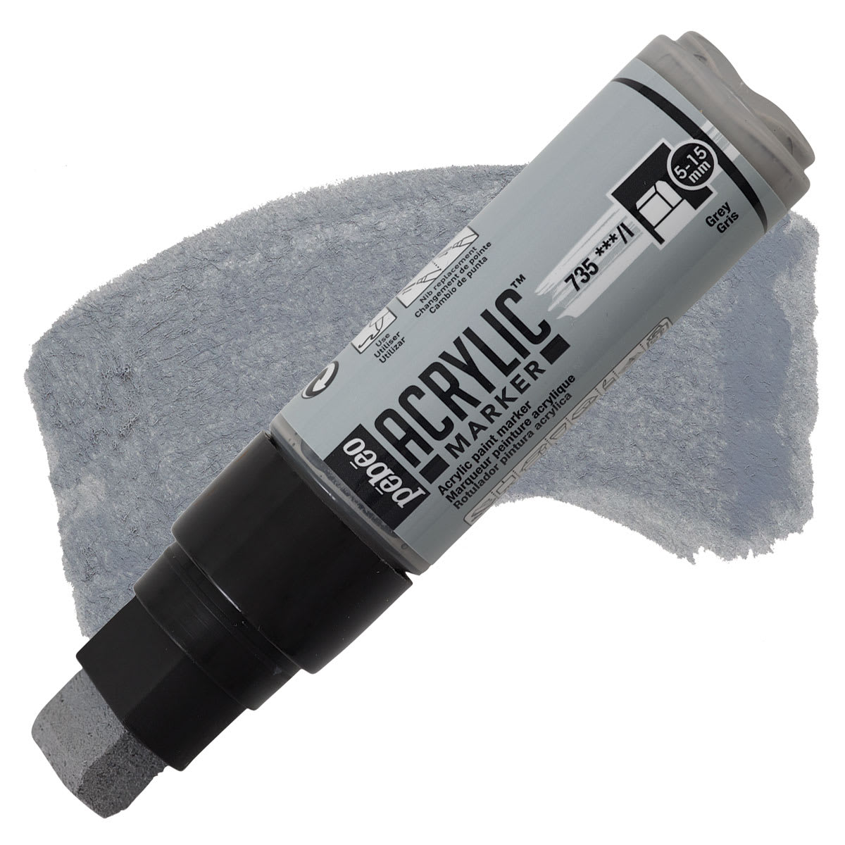 Pebeo Acrylic Marker - Grey, 5-15 mm, Flat Nib marker and swatch