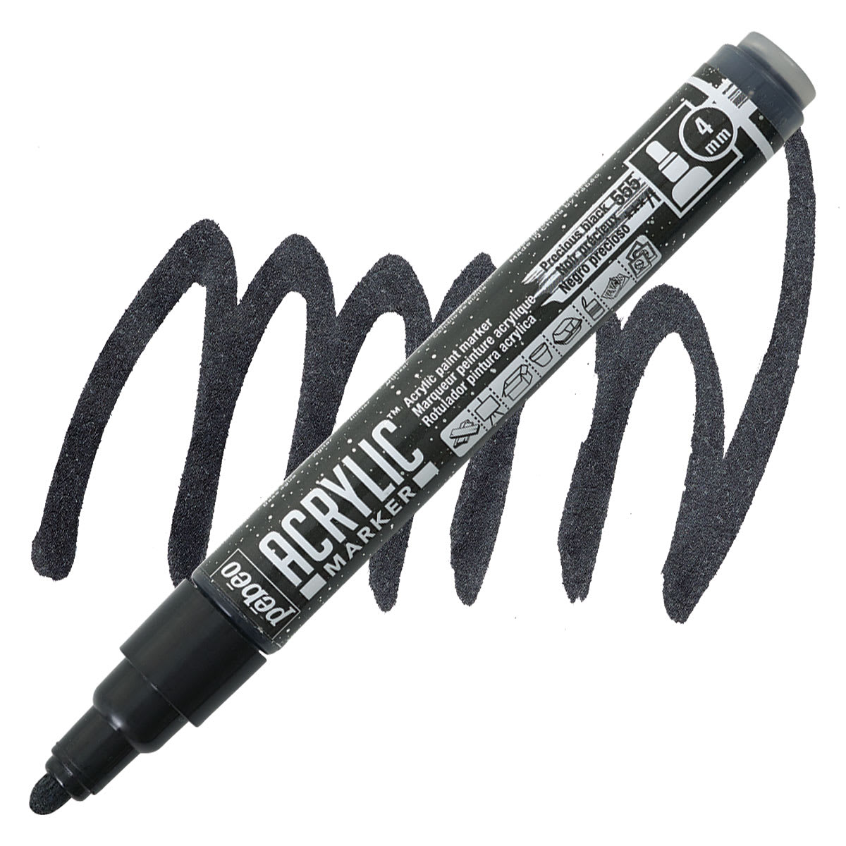 Pebeo Acrylic Marker - Precious Black, 4 mm chisel nib marker and swatch