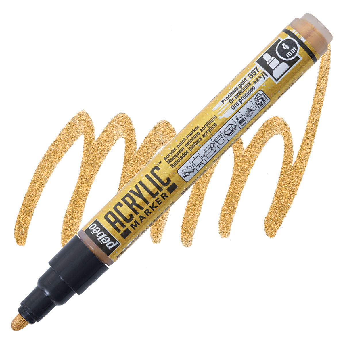 Pebeo Acrylic Marker - Precious Gold, 4 mm Bullet Nib marker and swatch