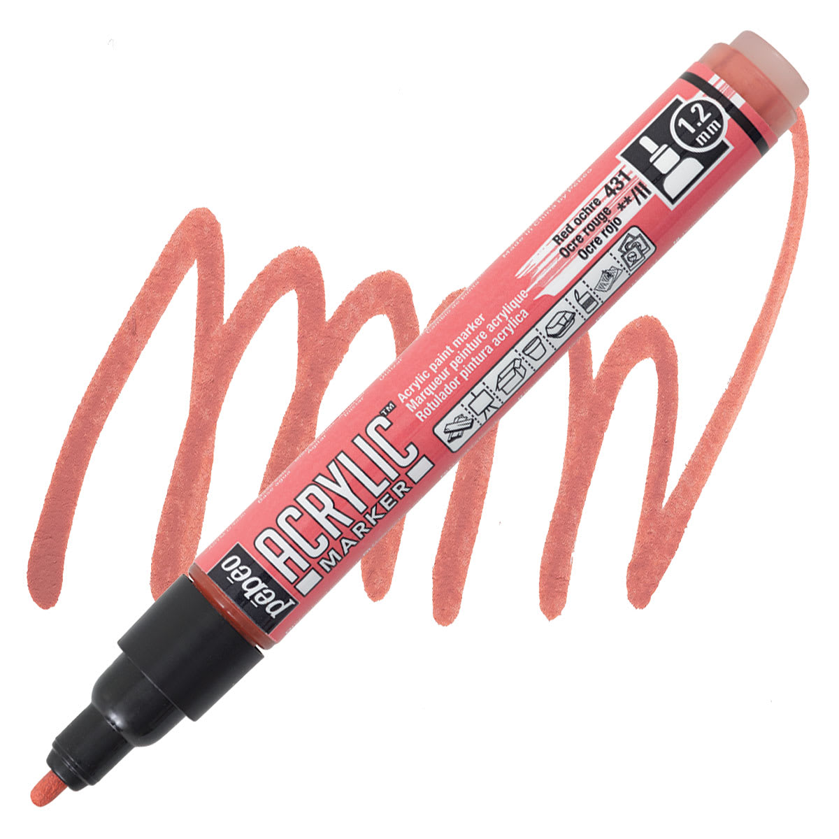 Pebeo Acrylic Marker - Red Ochre, 1.2 mm, Bullet Nib marker and swatch