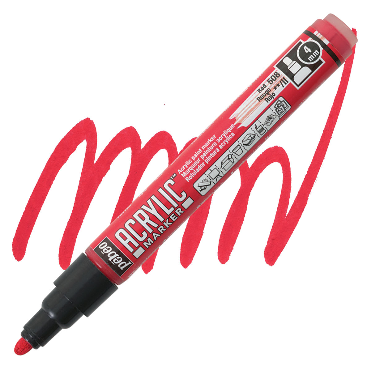 Pebeo Acrylic Marker - Red, 4 mm, Bullet Nib marker and swatch