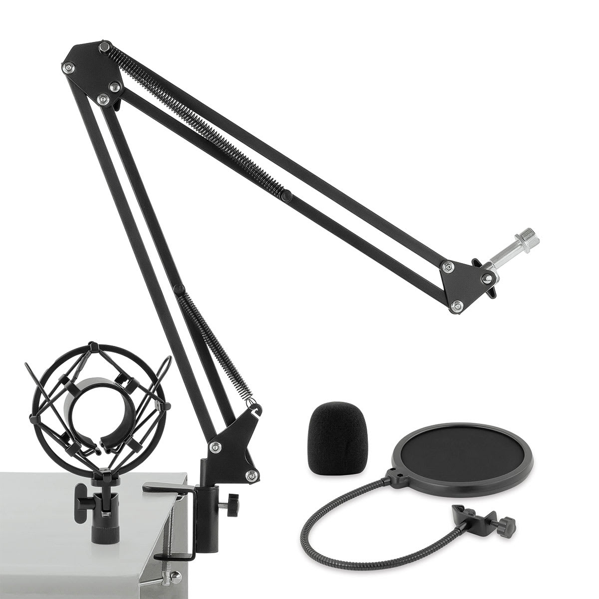 Smith-Victor Studio Podcast System (Boom stand on desk, Shown with shock mount, pop filter, and windscreen)