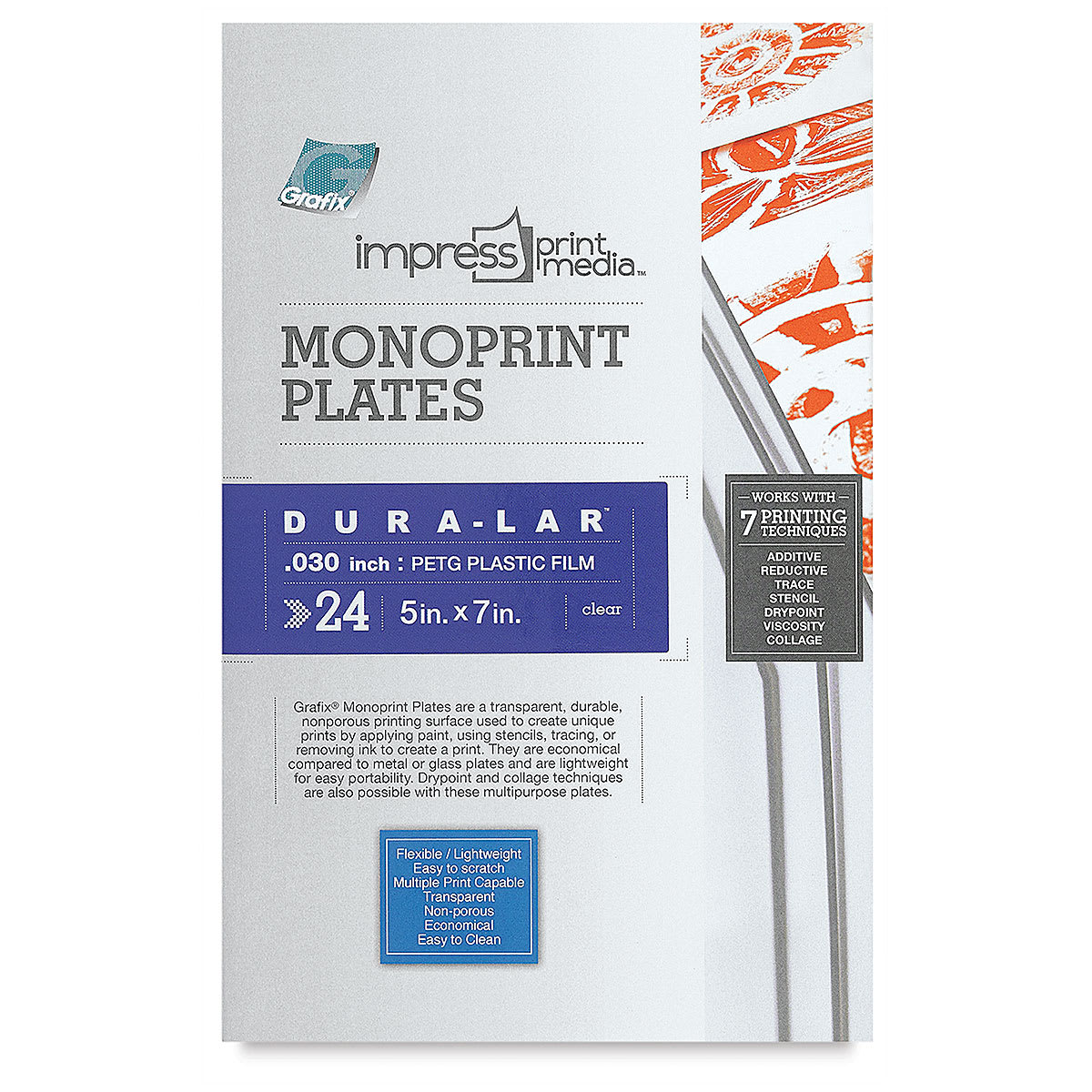 Grafix Impress Monoprint Plates - 5" x 7", Pkg of 24 - front of packaging
