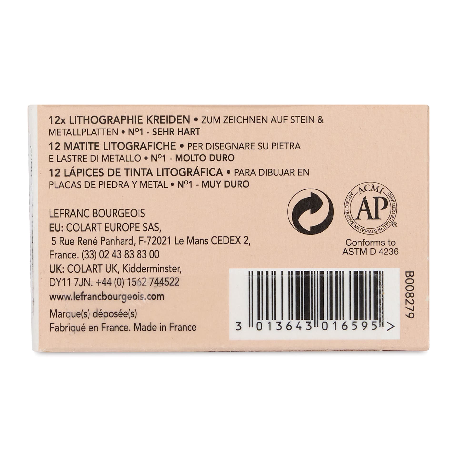 Charbonnel Lithographic Crayons - No 1 Hard, Pkg of 12, back of package