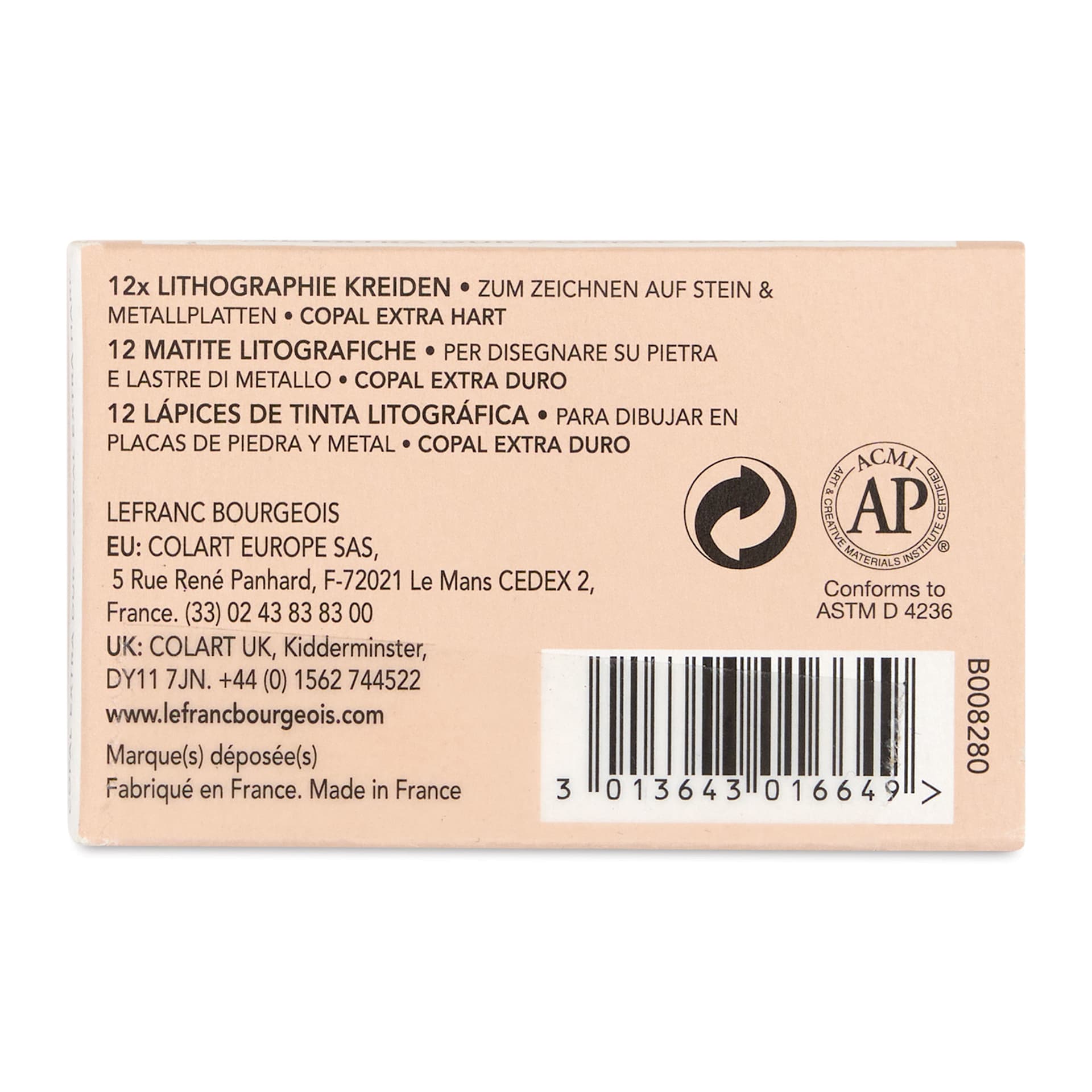 Charbonnel Lithographic Crayons - Copal Hard, Pkg of 12, back of package