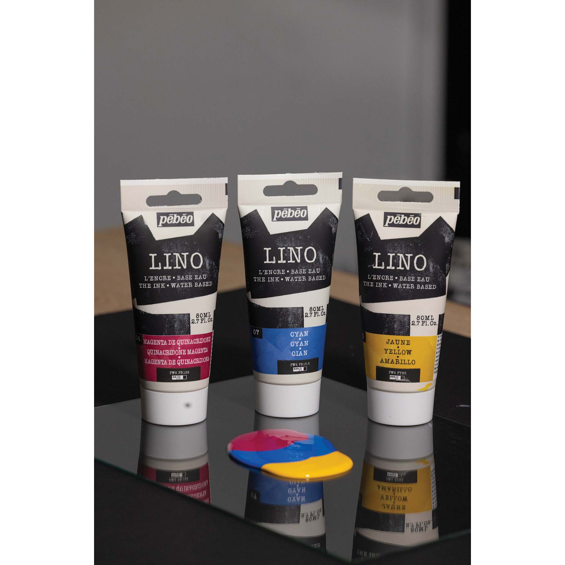 Pebeo Lino Inks with applied ink on glass plate