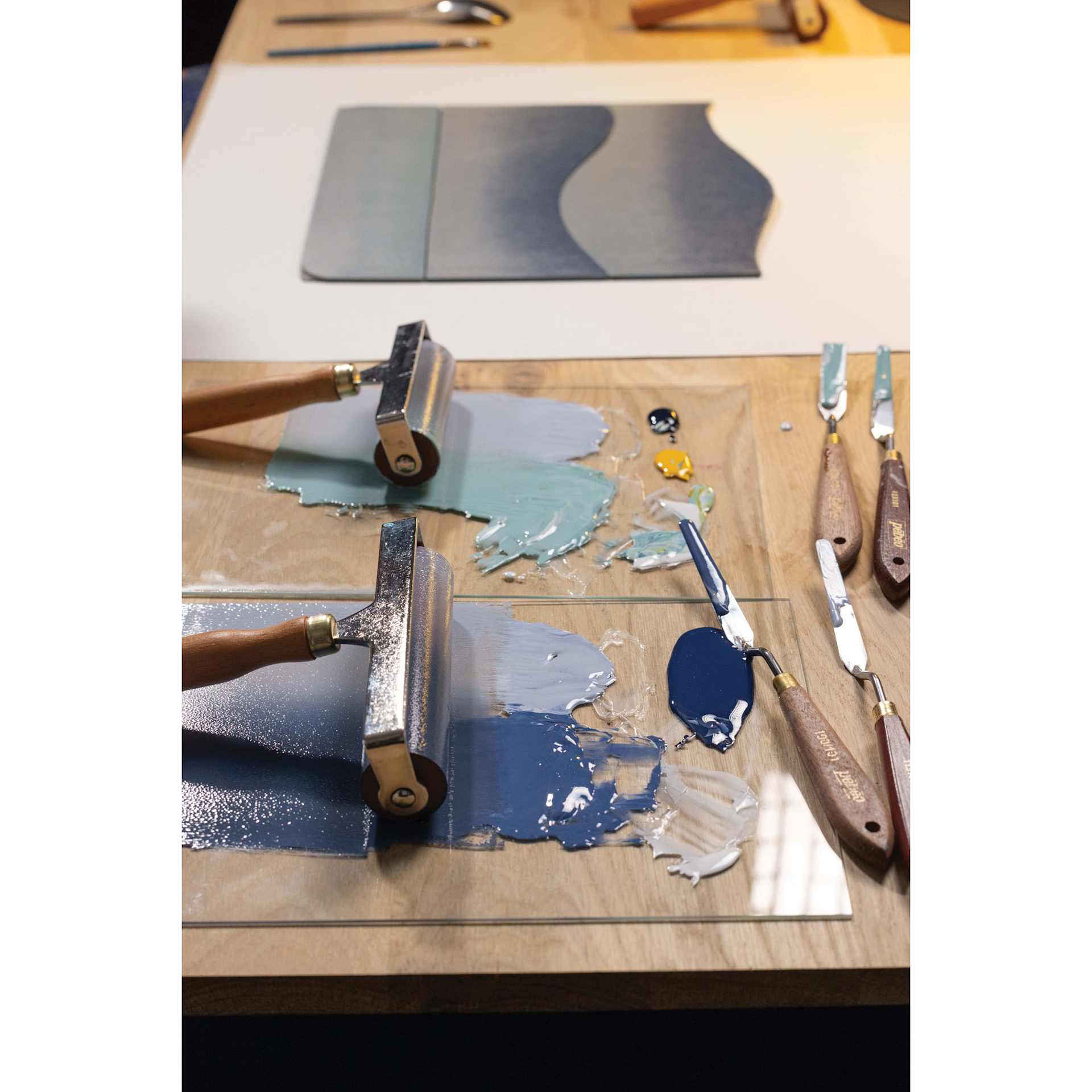 Pebeo Lightening Binder Medium  mixed with inks and applied to glass plate with brayer (sold separately)