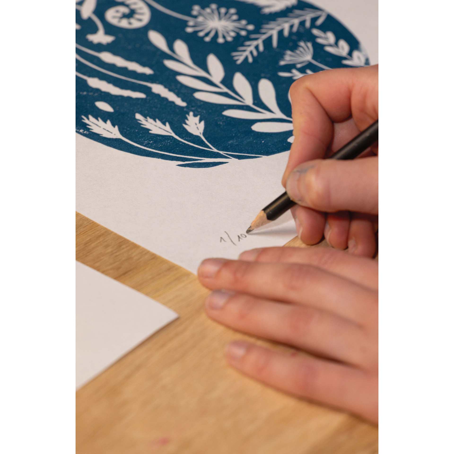 Pebeo Linocut Paper Block - A4, Bamboo with applied design being marked with pencil