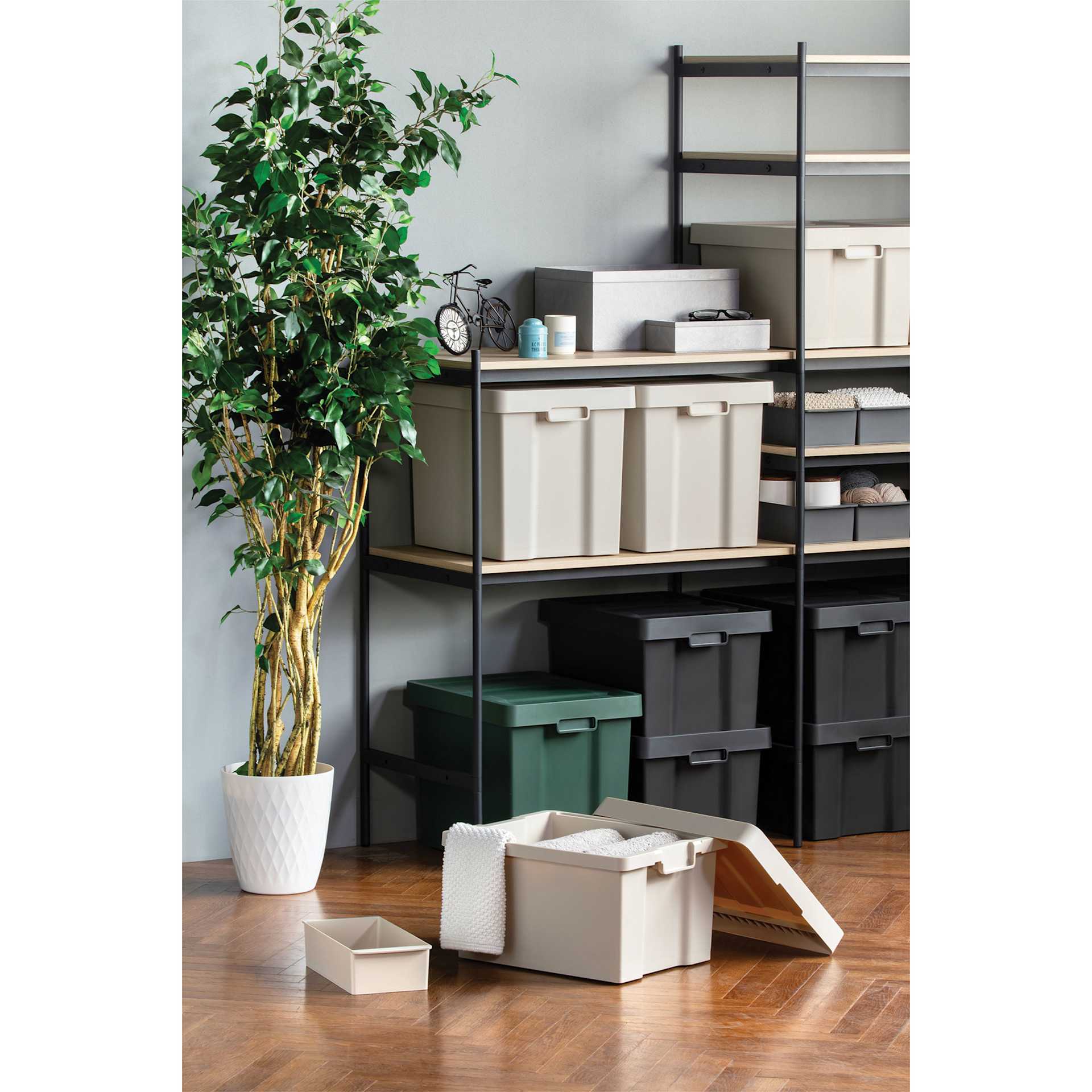 Like-It Store-Up Container with Tray - assorted containers on floor and shelving