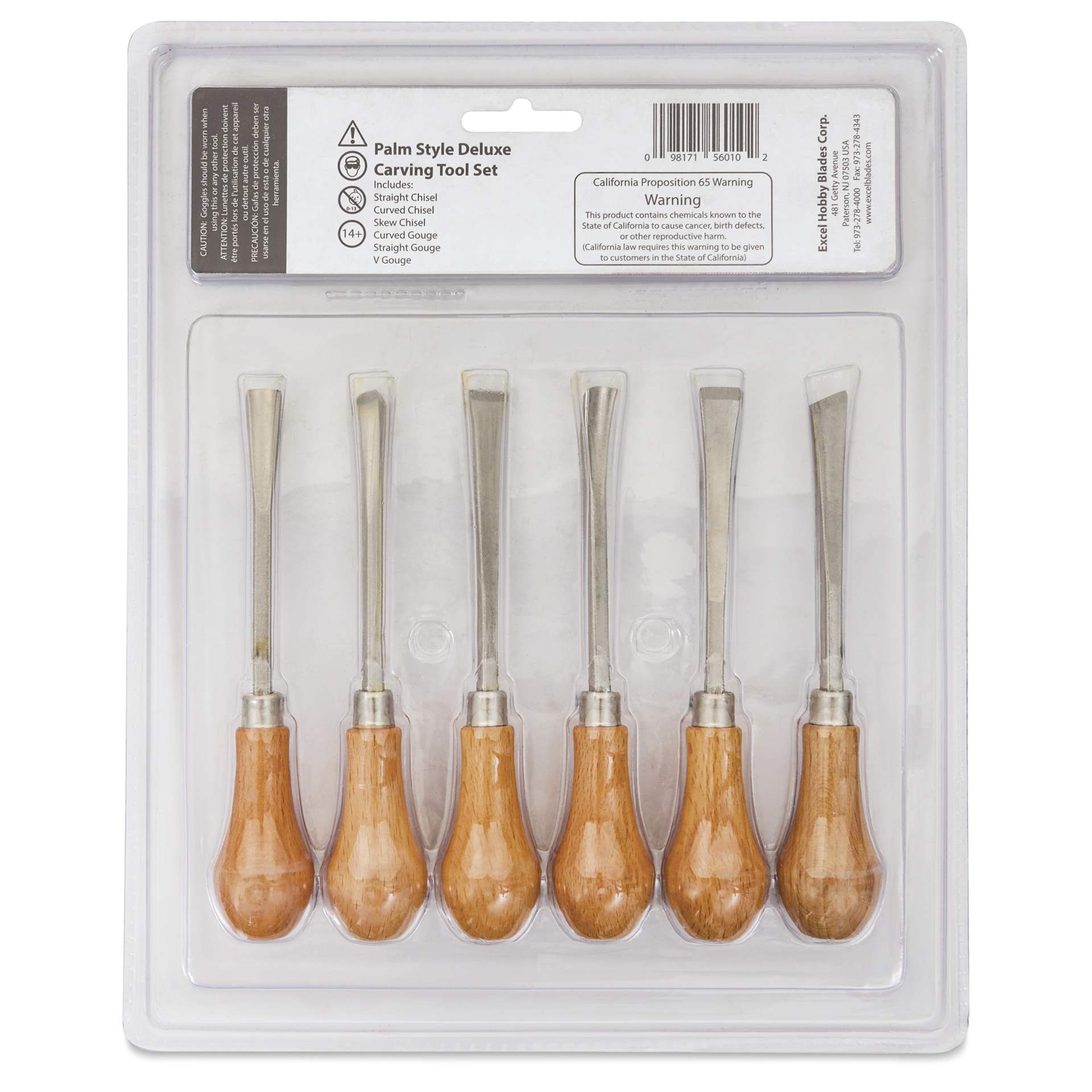 Excel Blades Deluxe Palm Style Chisels - Set of 6 - back of packaging