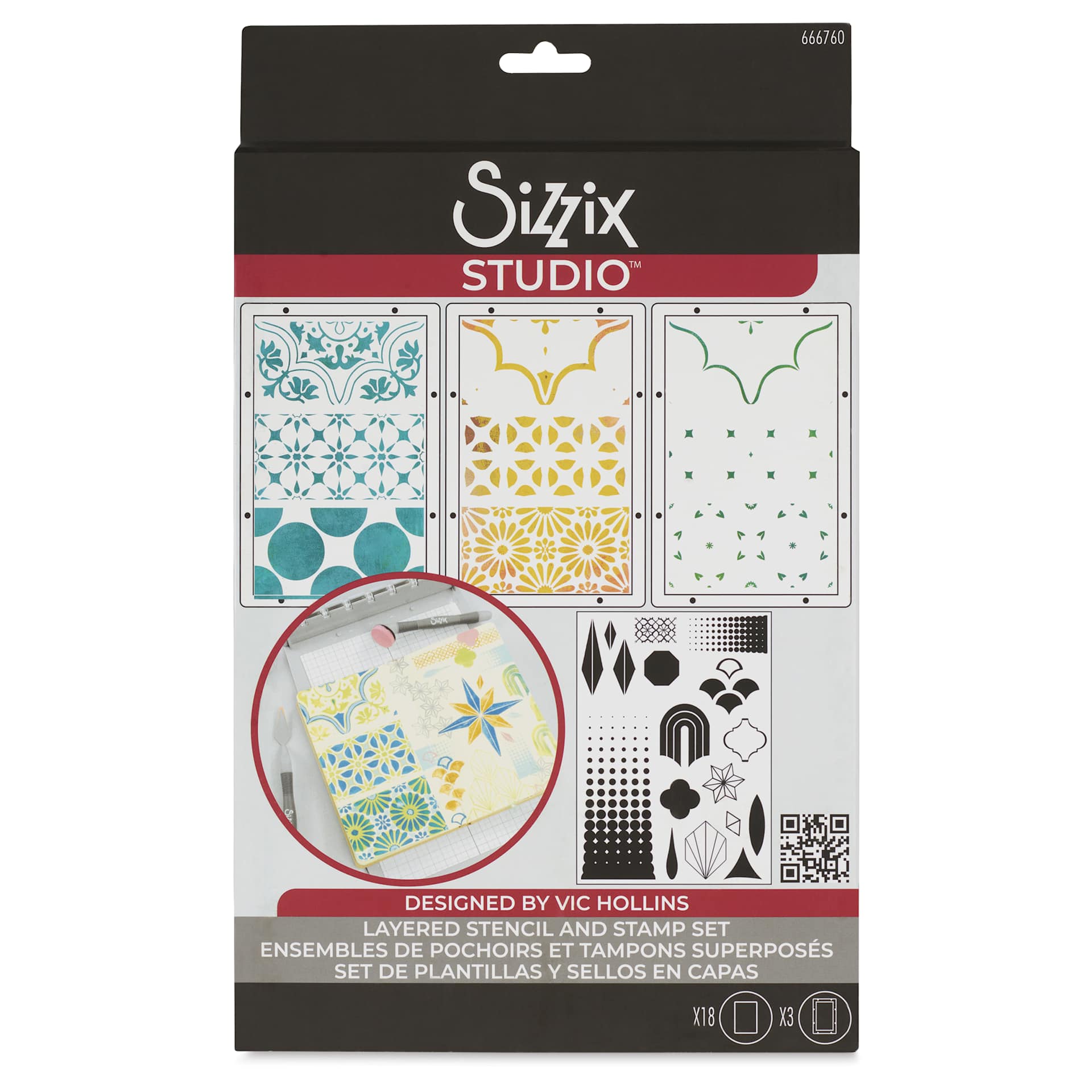 Sizzix Studio Layered Stencil and Stamp Set - Set of 21, Geometric front of packaging