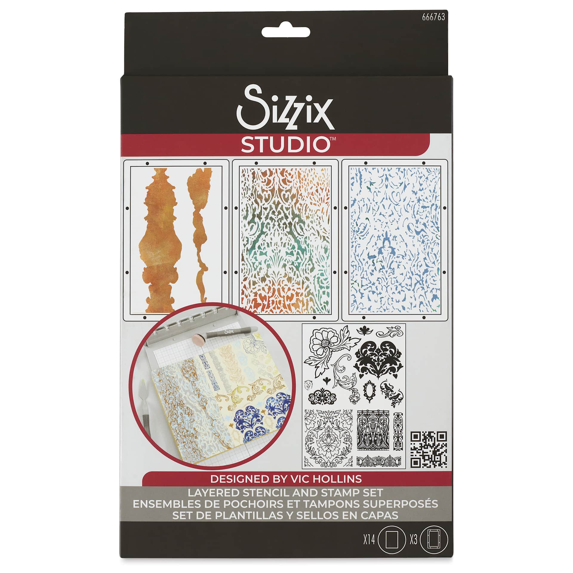 Sizzix Studio Layered Stencil and Stamp Set - Set of 17, Ornate front of packaging
