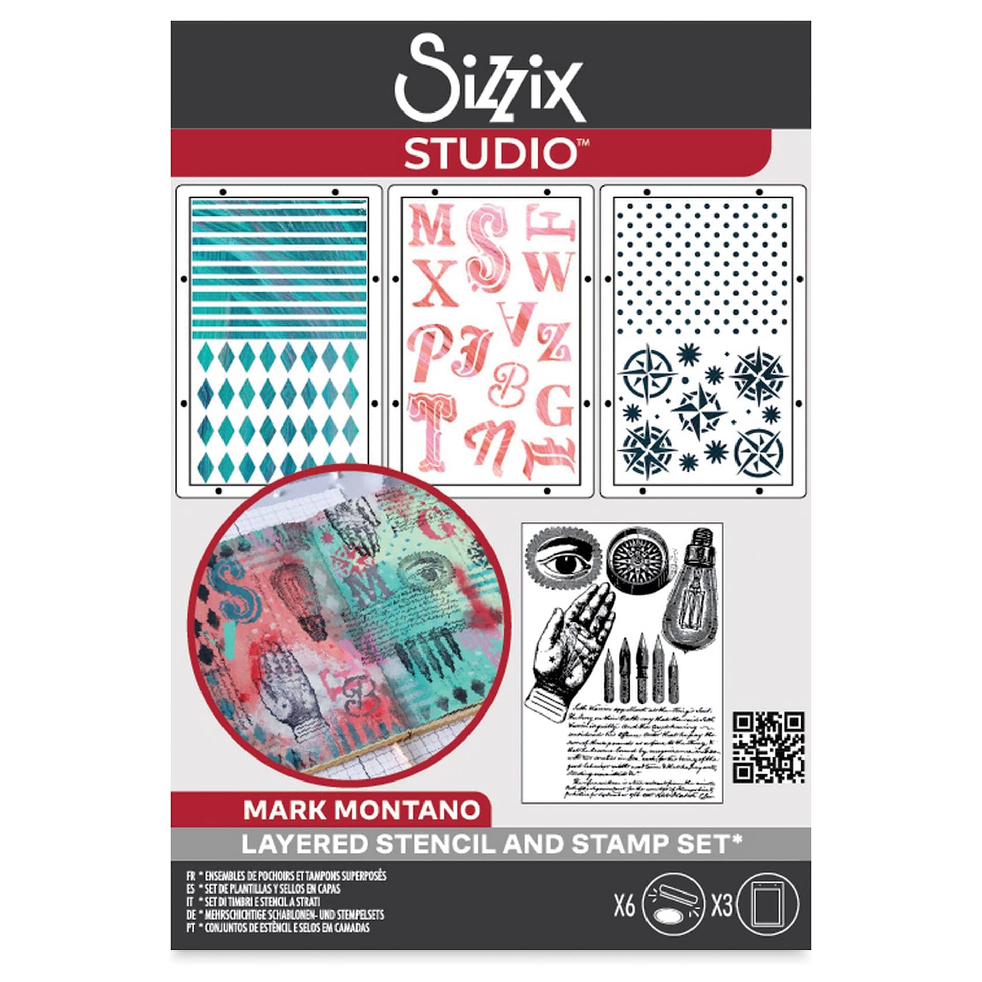 Sizzix Studio Layered Stencil and Stamp Set - Set of 9, My Favorite Things A5 front of packaging