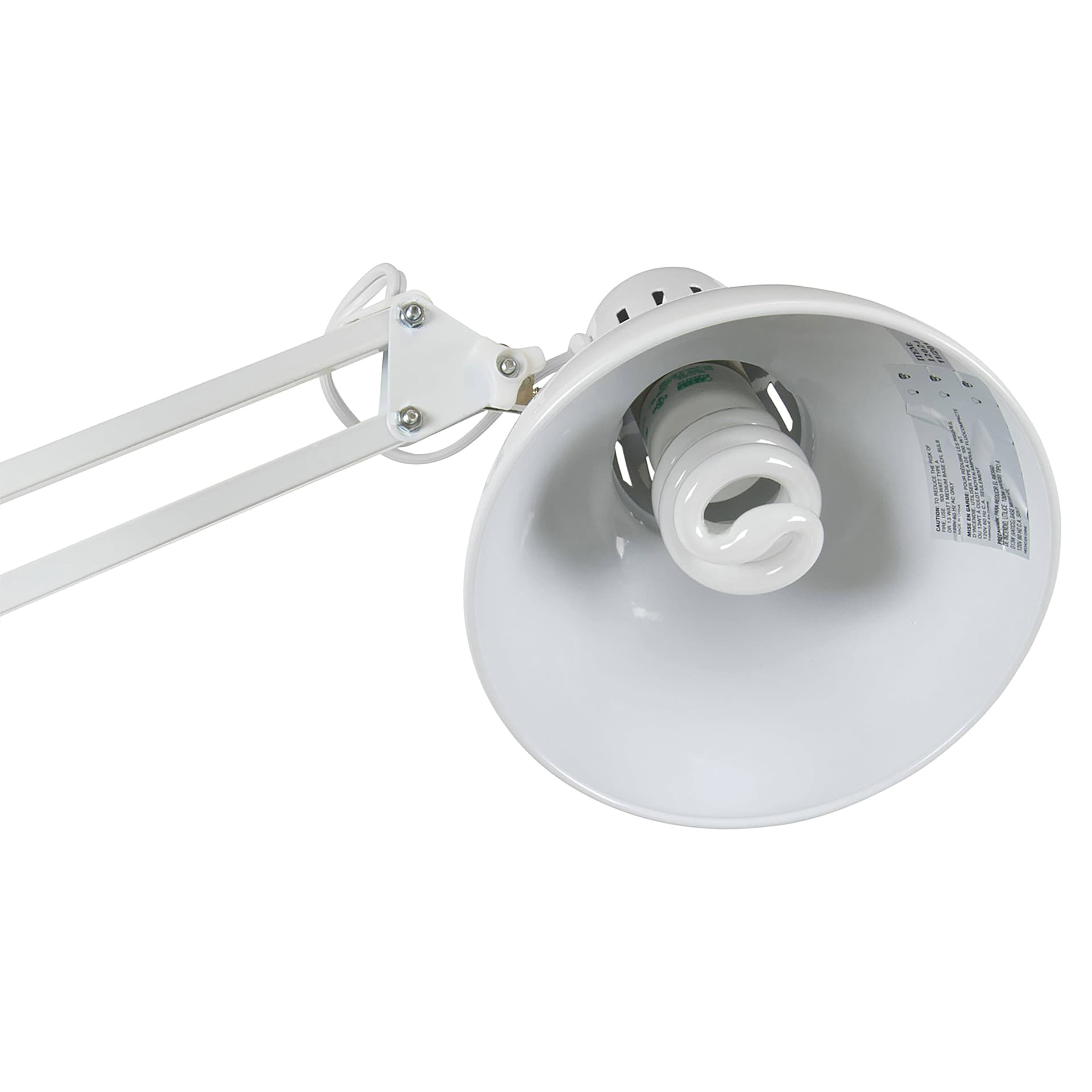 Studio Designs Swing Arm Lamp - White, close-up of the lamp head showing included bulb Studio Designs Swing Arm Lamp - White, close-up of the lamp head showing included bulb