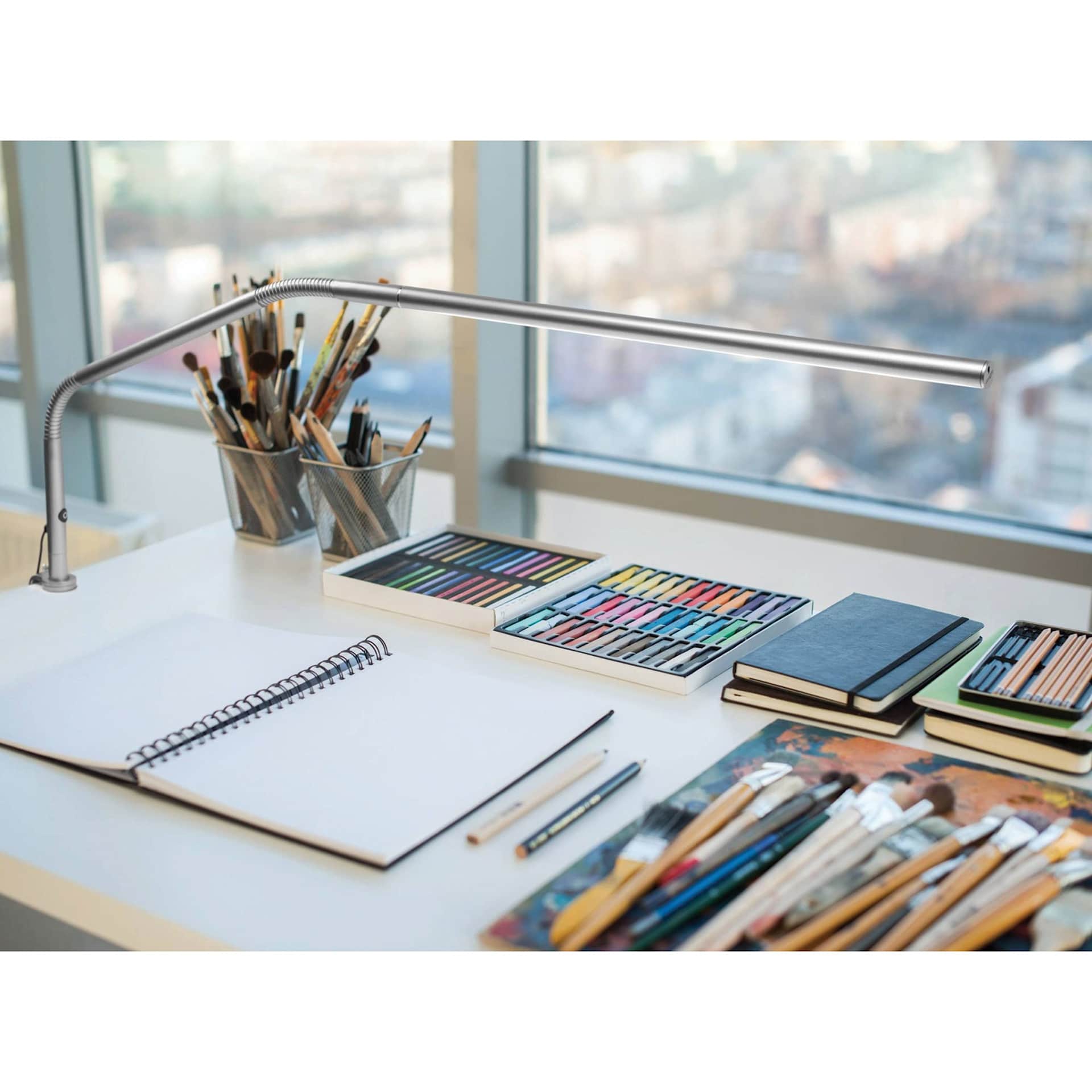 Daylight Slimline 3 LED Table Lamp - Chrome, in use on table