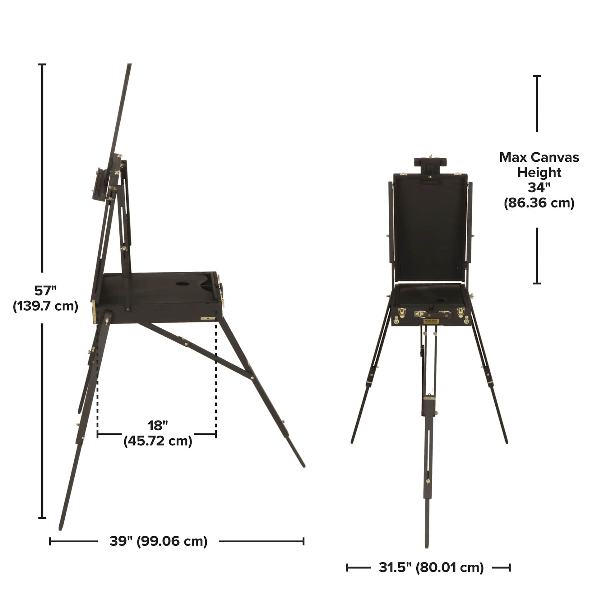 Blick Noir French Easel by Jullian, unfolded dimensions Minimum height 57” (139.7 cm). Length 39” (99.06 cm). Depth 31.5” (80.01 cm). Tray Length 18" (45.72 cm). Holds maximum canvas height 34” (86.36 cm)
