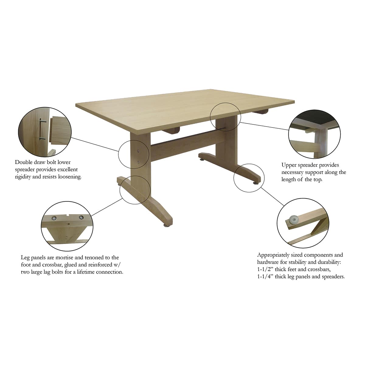 Hann Art Tables - Drawing of straight leg table with feature call outs