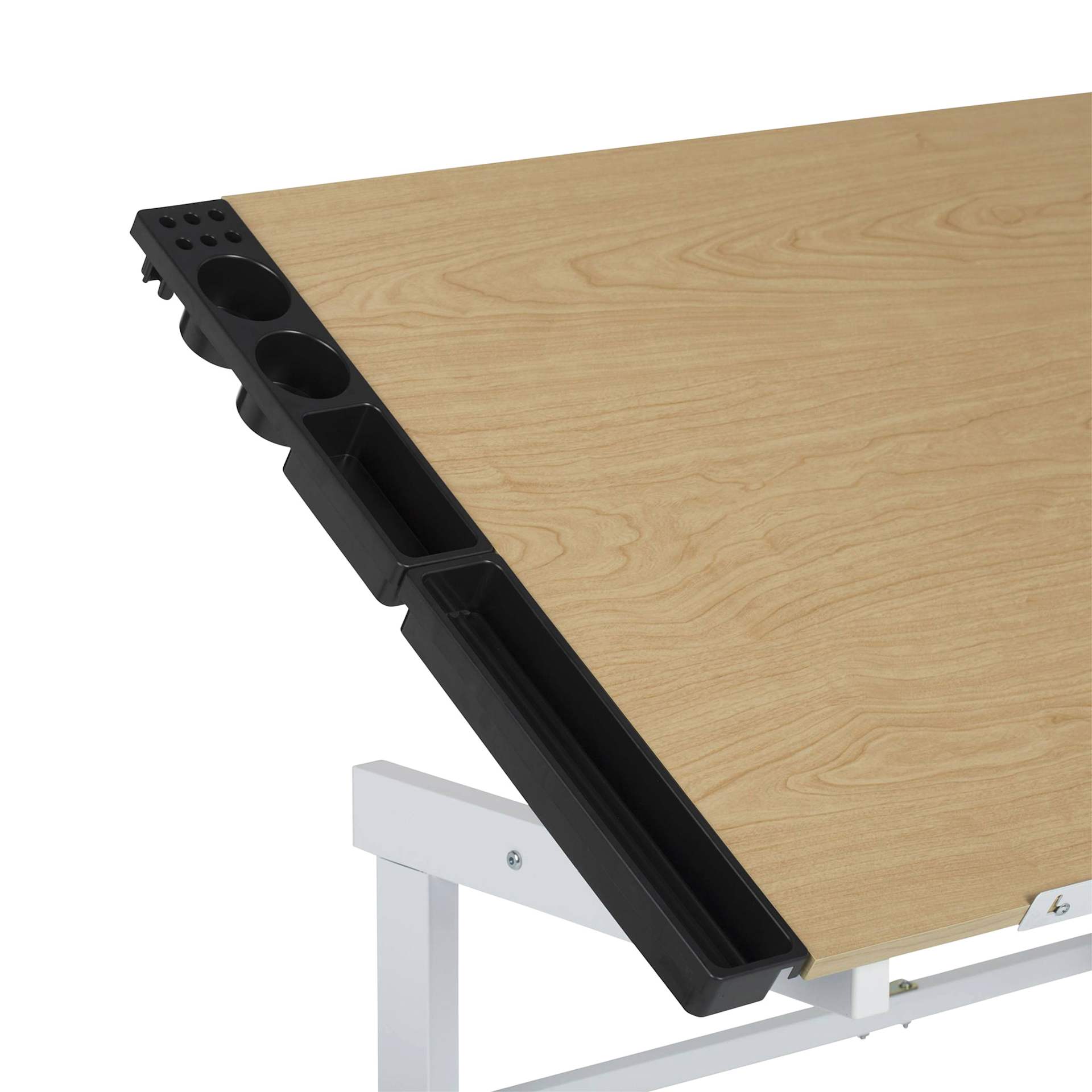 Studio Designs Craft Station, close-up of the maple top and side tray Studio Designs Craft Station, close-up of the maple top and side tray