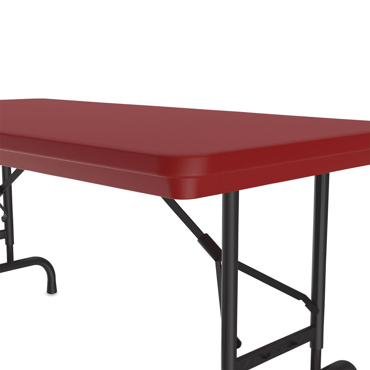 Correll Plastic Resin Folding Table - 24" x 48", Red, Adjustable Height - close-up of corner