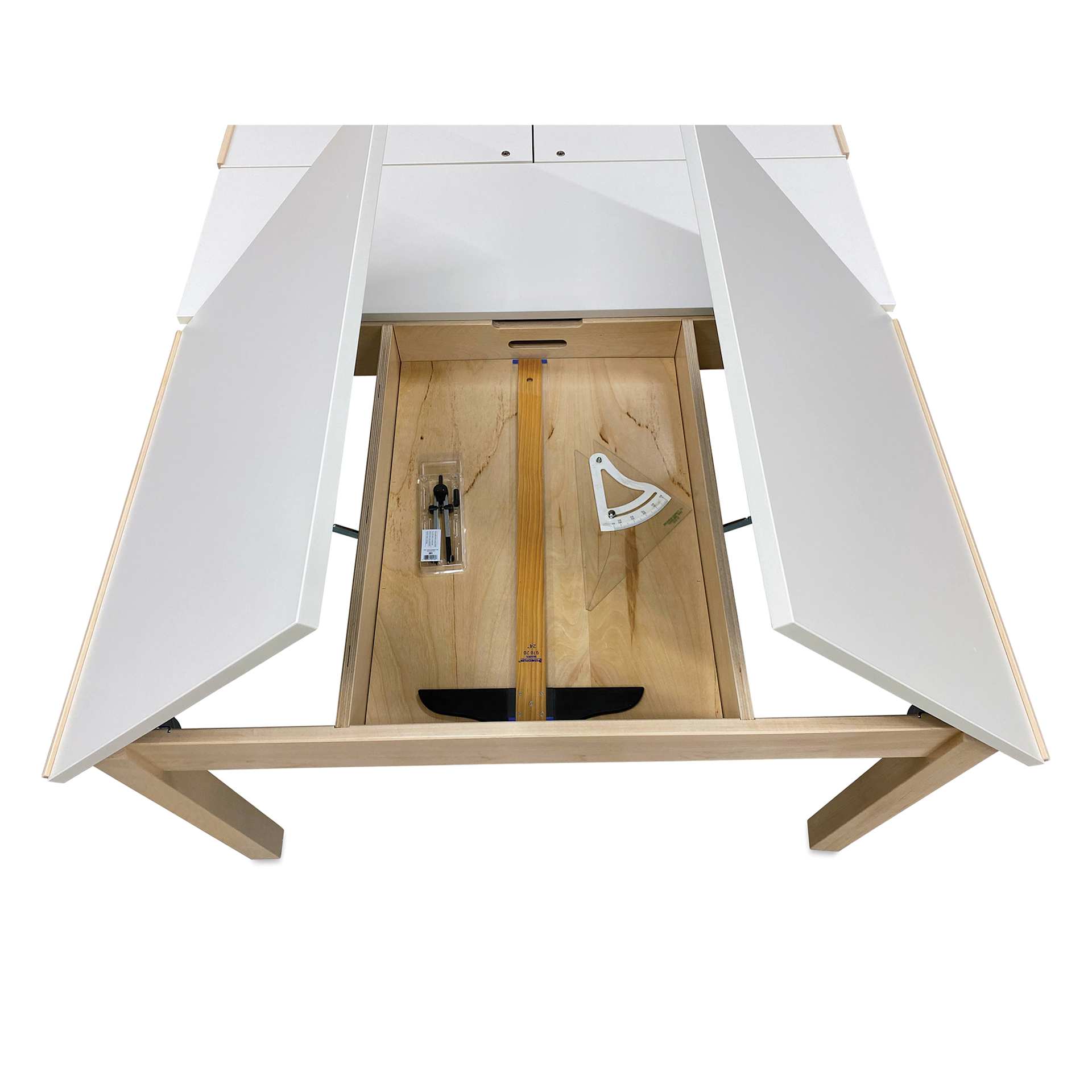 Hann Four-Station Drawing Table - 30" High, with Storage, storage space shown under tilting tops