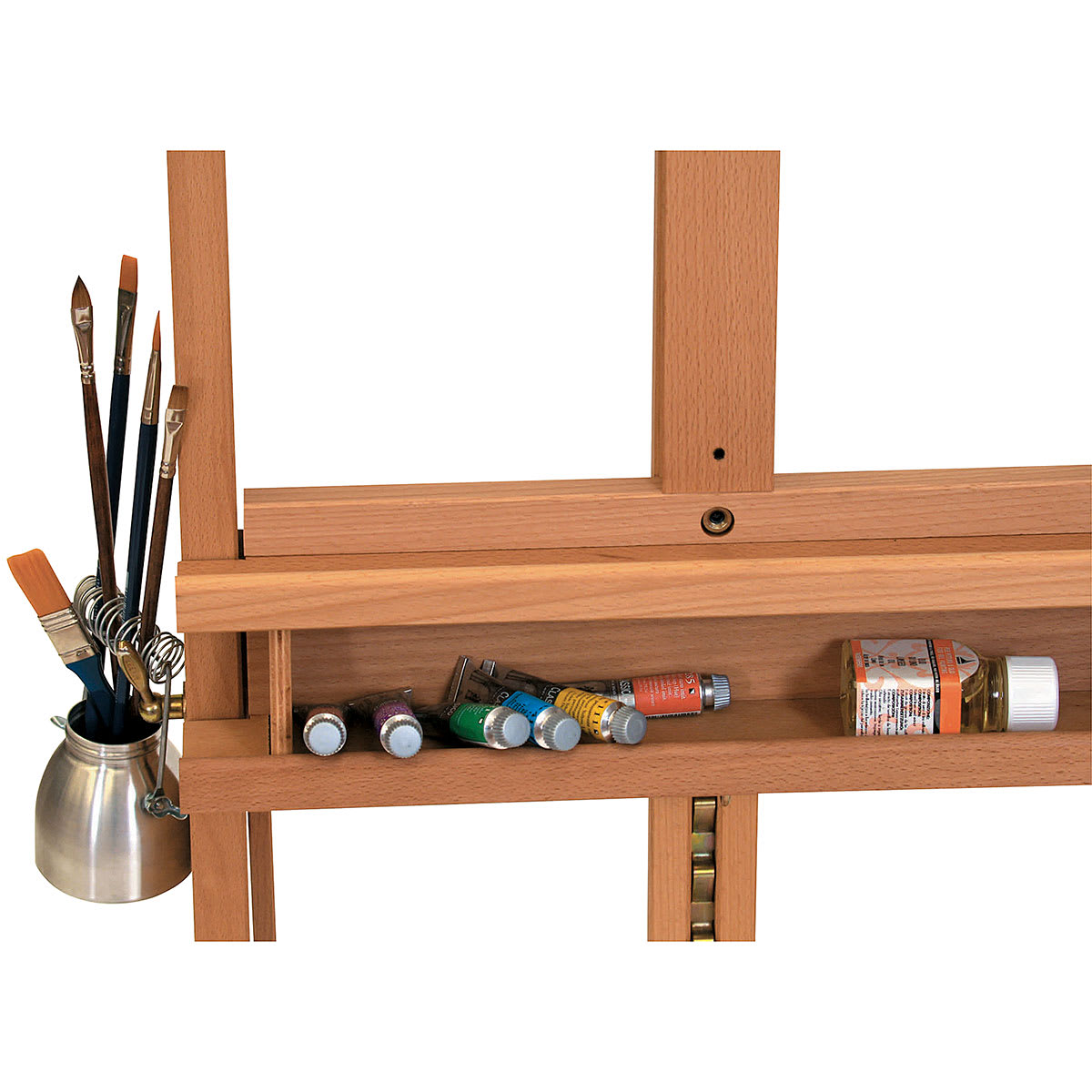 Mabef Artist Studio Easel - Closeup of accessorized storage tray