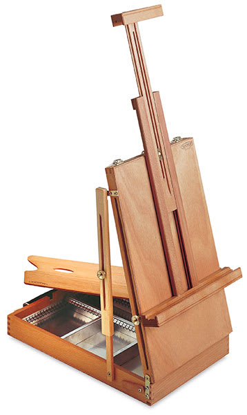 Mabef Sketchbox Table Easel - Angled view of open Easel showing metal dividers and palette Mabef Sketchbox Table Easel - Angled view of open Easel showing metal dividers and palette