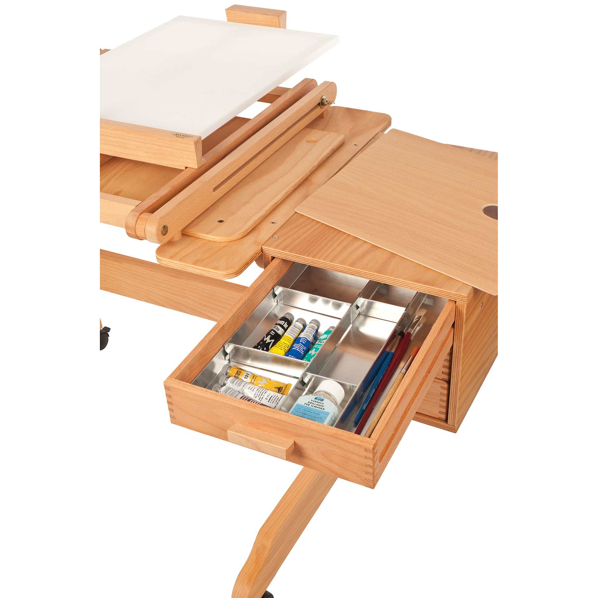 Mabef Painting Workstation Easel M-30 - close-up of supplies in drawer, supplies not included