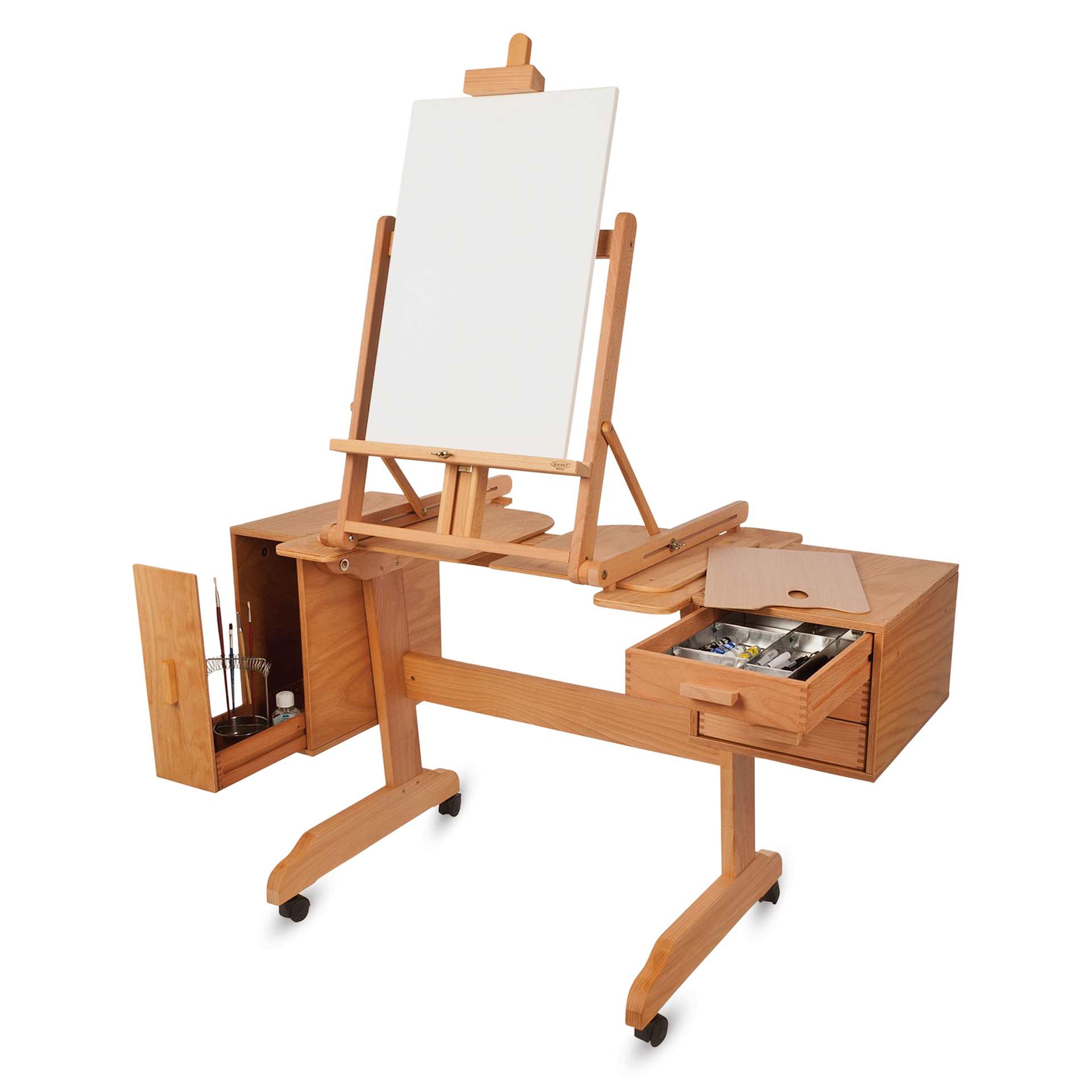Mabef Painting Workstation Easel M-30, drawers filled with painting supplies, not included