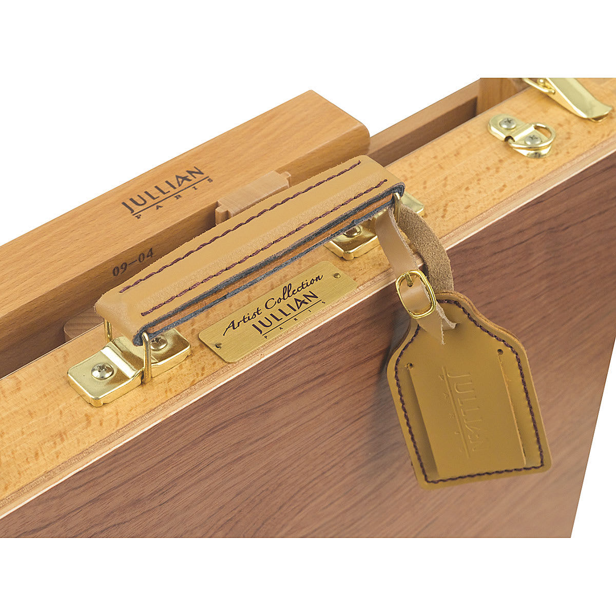 Jullian Deluxe Table Easel - Closeup of Handle and Identification Tag Jullian Deluxe Table Easel - Closeup of Handle and Identification Tag