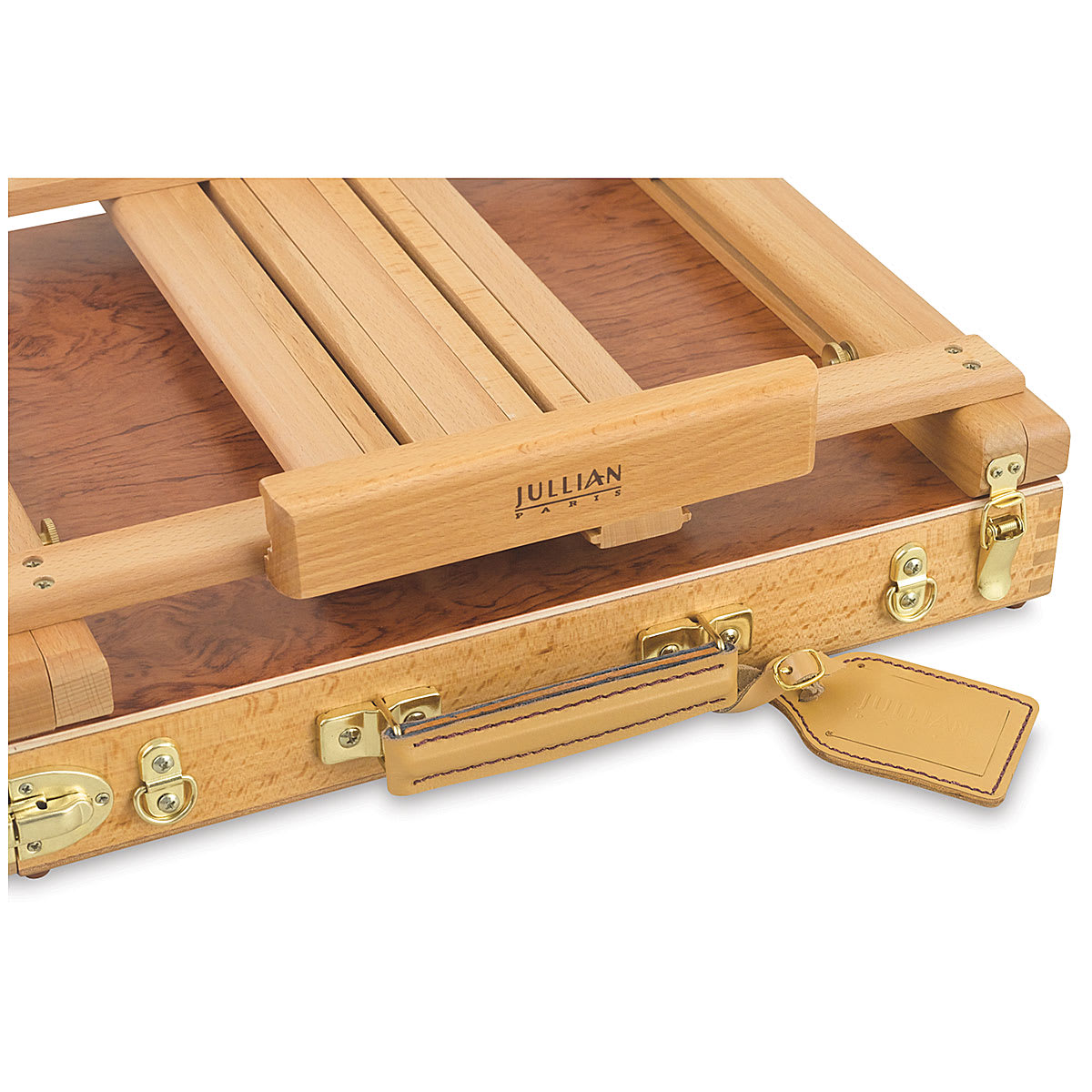 Jullian Deluxe Table Easel - Angled view of Easel folded down with handle and Identification Tag