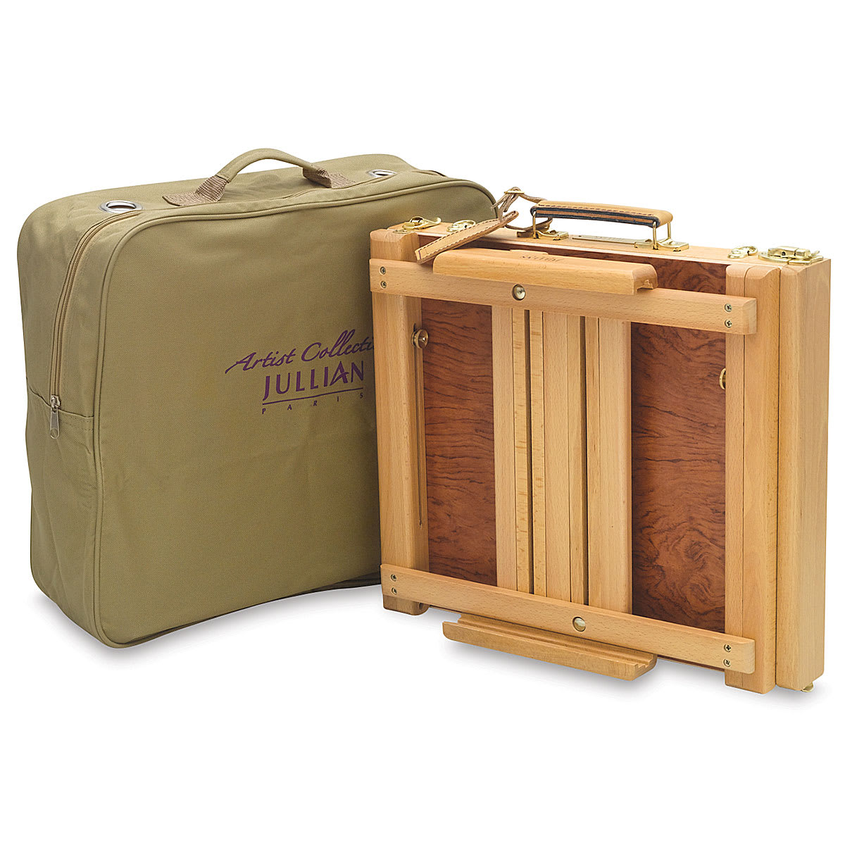 Jullian Deluxe Table Easel - Folded case shown next to included cloth carry case Jullian Deluxe Table Easel - Folded case shown next to included cloth carry case