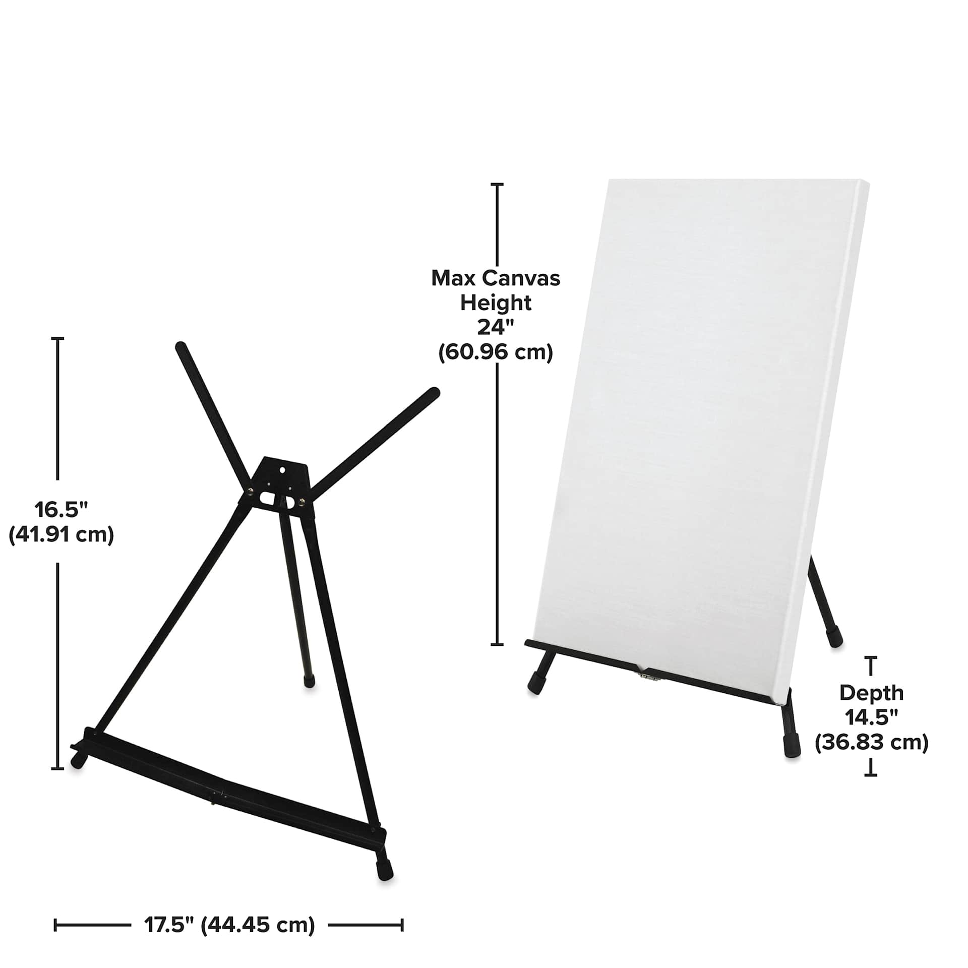 Height 16.5” (41.91 cm). Length 17.5” (44.45 cm). Depth 14.5” (36.83 cm). Holds maximum canvas height 24” (60.96 cm)