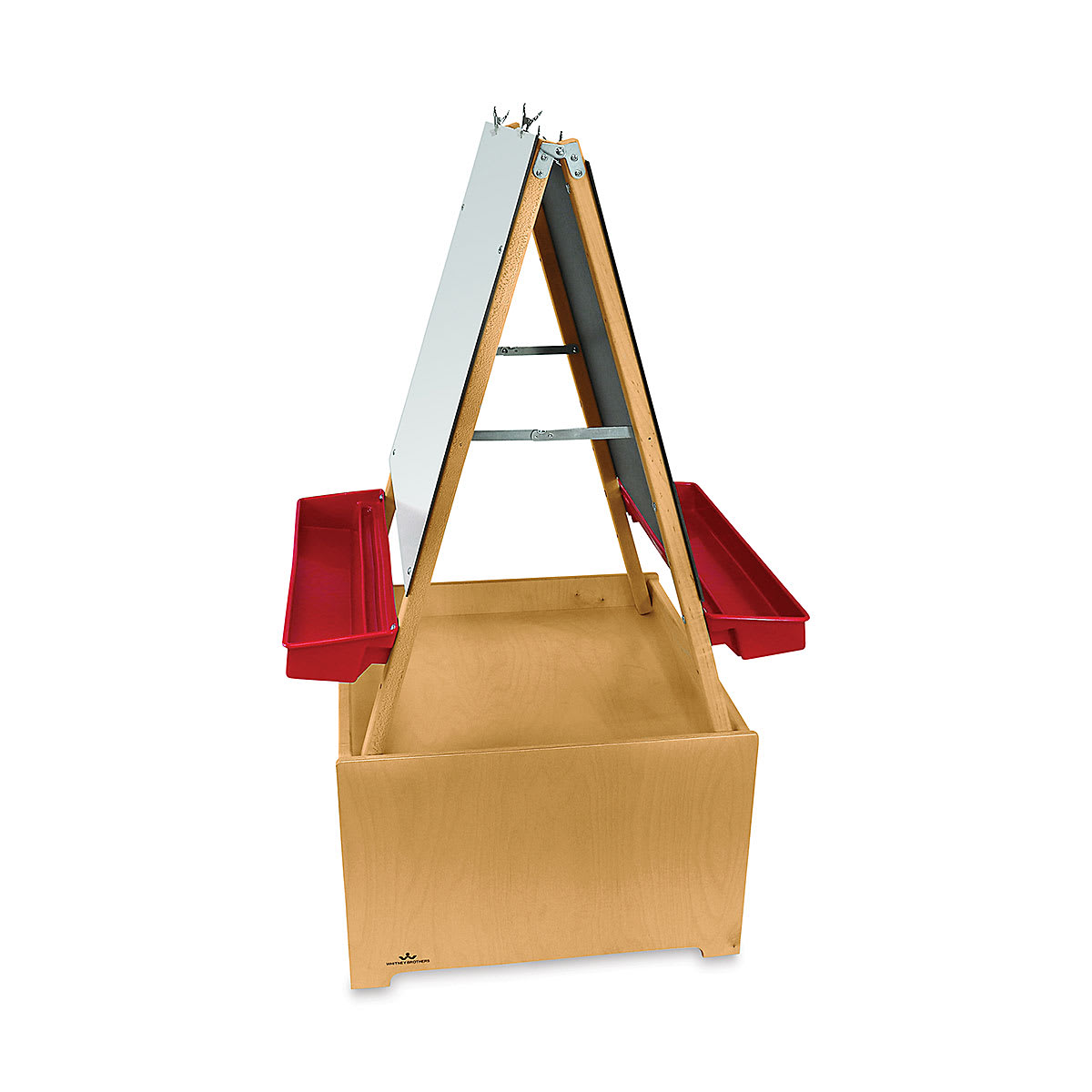 Mobile Art Center-side view showing double sided easels, and adjustable paint trays