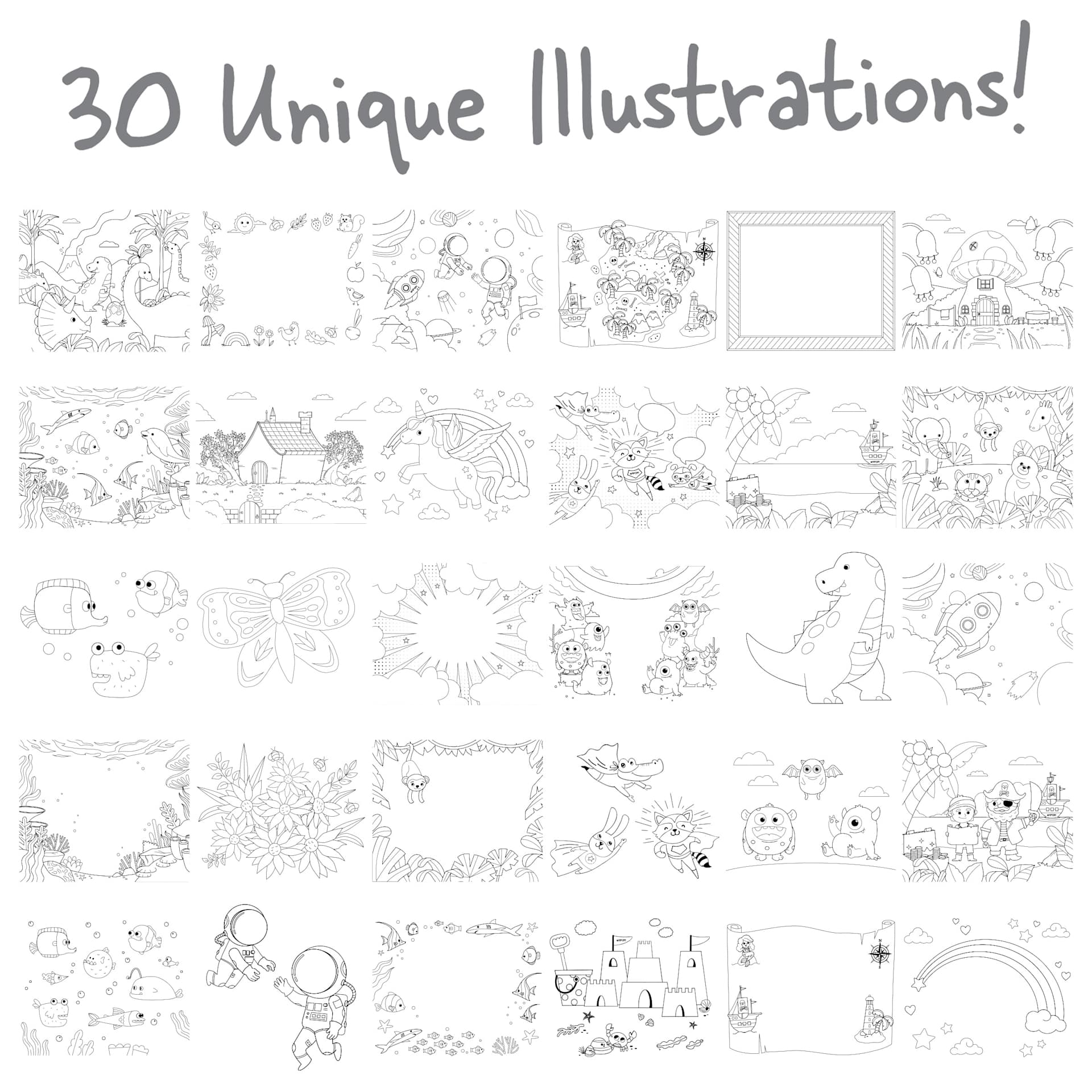 artPOP! Kids Illustrated Coloring Paper Roll - White, 12" x 30 ft, list of illustrations