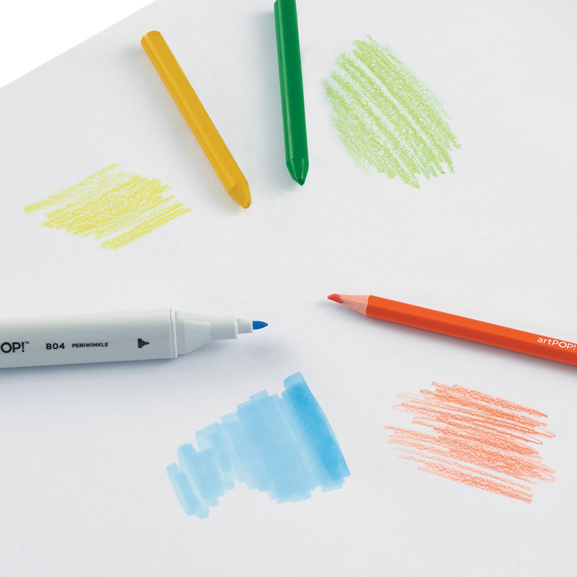 artPOP! Kids Craft Paper Roll - White, 12" x 30 ft, marker, crayons, and pencil swatches on paper