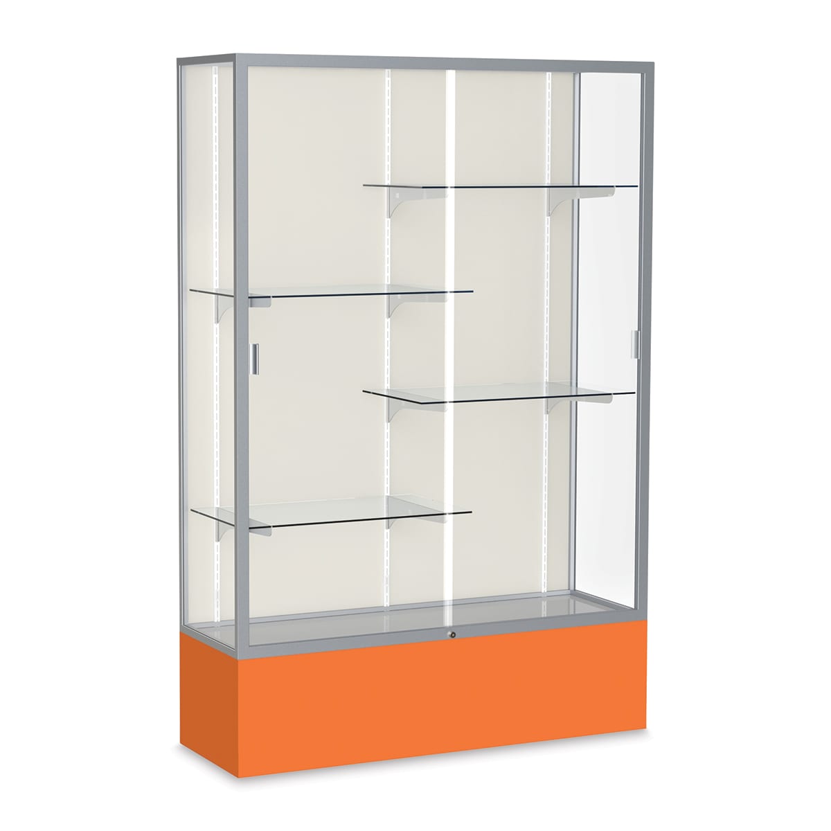 Waddell Spirit Series Display Case - 72" x 48" x 16", Satin Finish/Orange Base, Aluminum